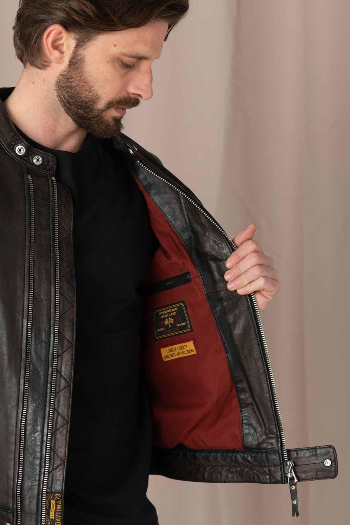 Black / cognac biker collar leather jacket with double zip - Image n°7