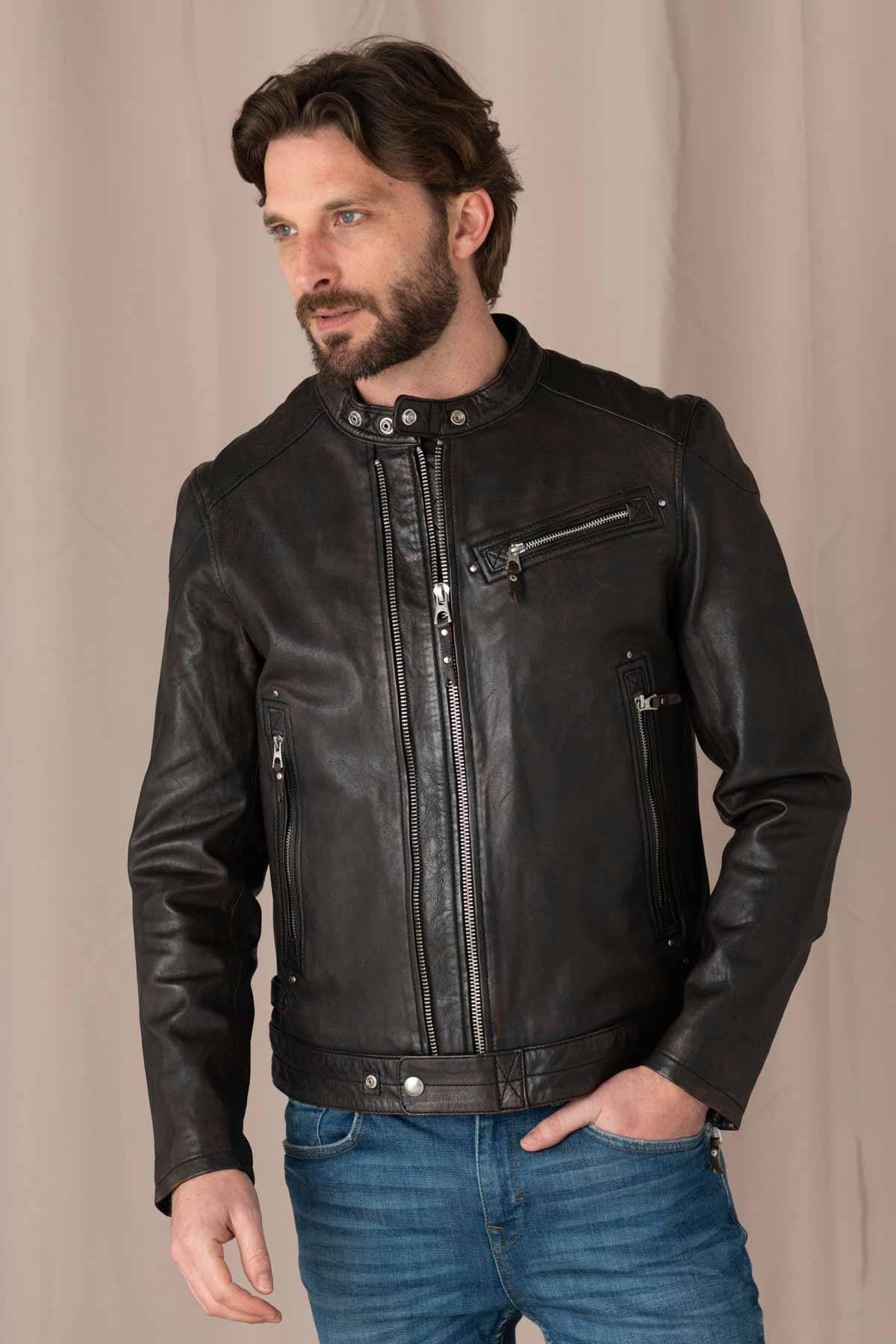 Black / cognac biker collar leather jacket with double zip - Image n°5