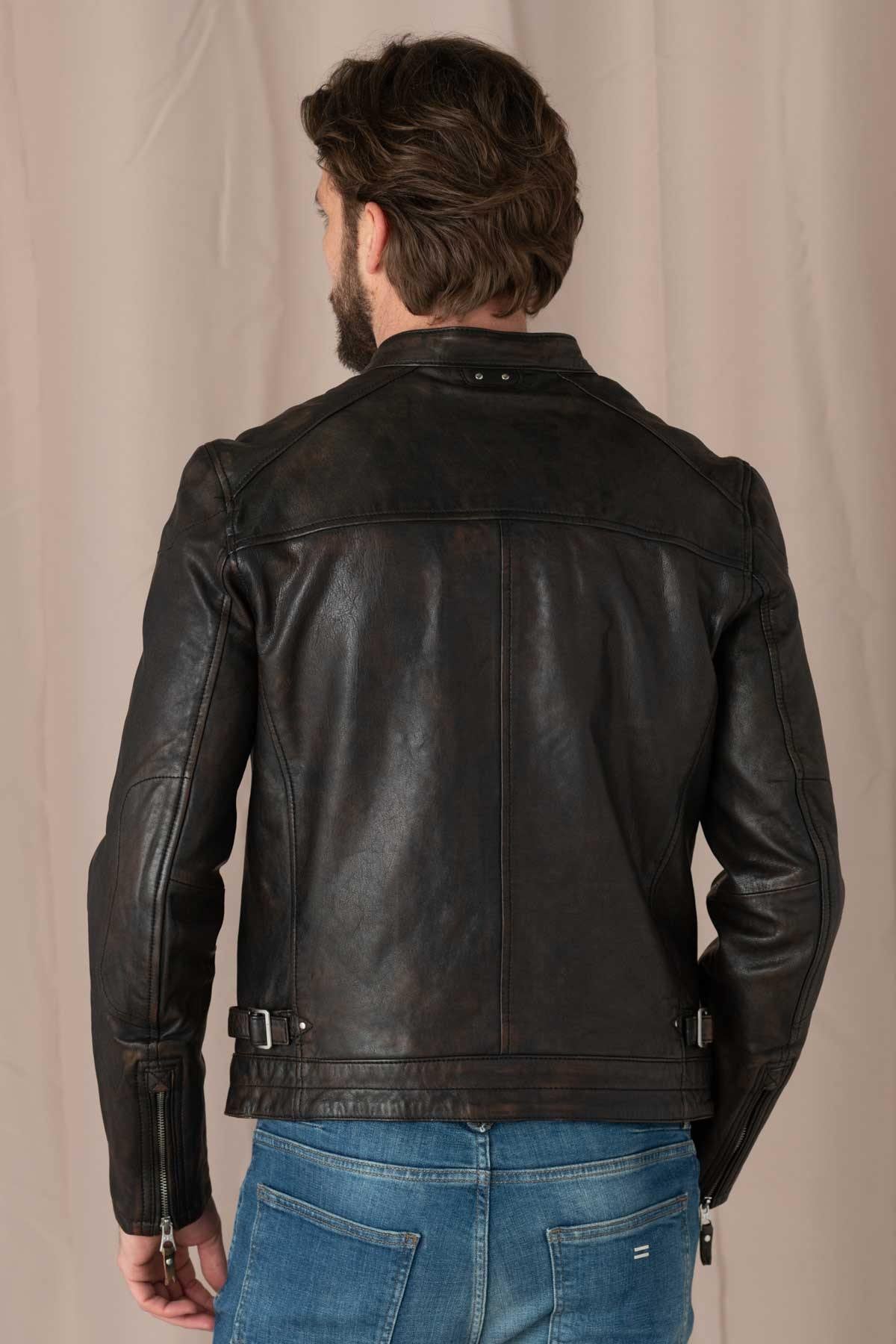 Black / cognac biker collar leather jacket with double zip - Image n°6