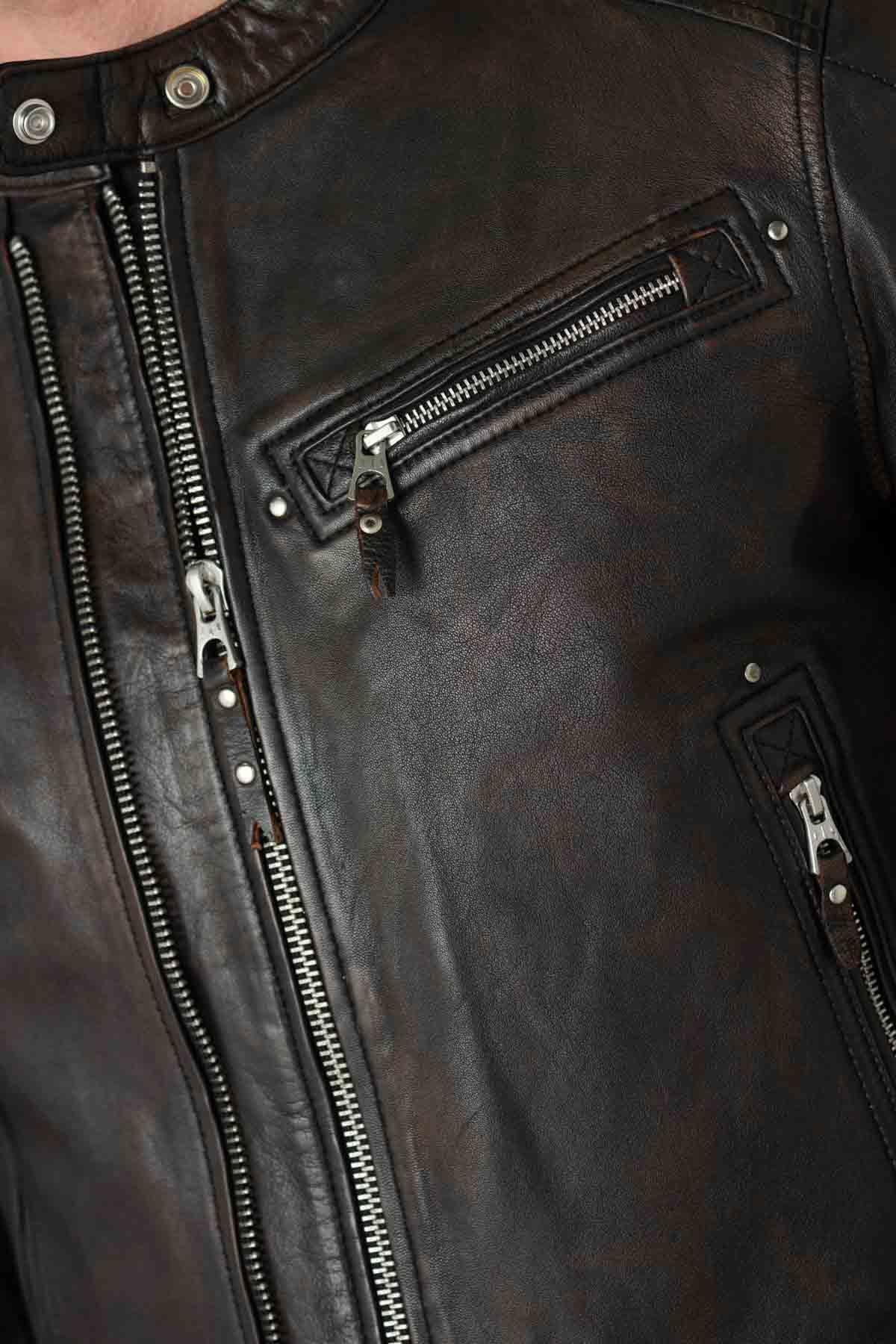 Black / cognac biker collar leather jacket with double zip - Image n°3