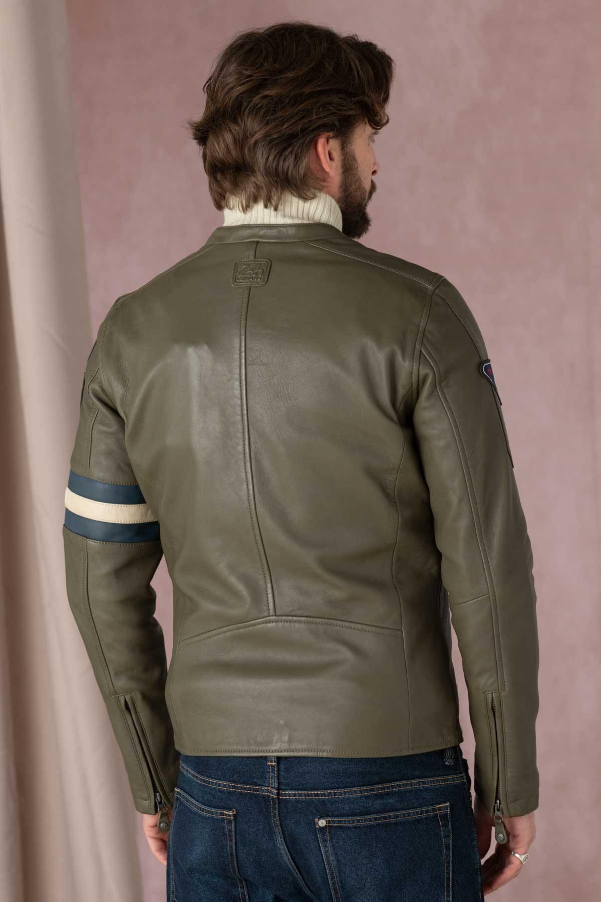 Khaki racing style leather jacket for Men - Image n°7