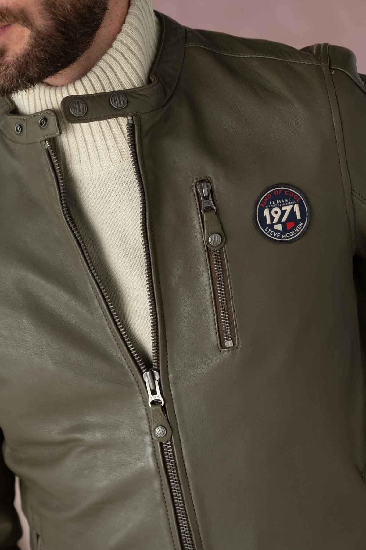 Khaki racing style leather jacket for Men - Image n°9