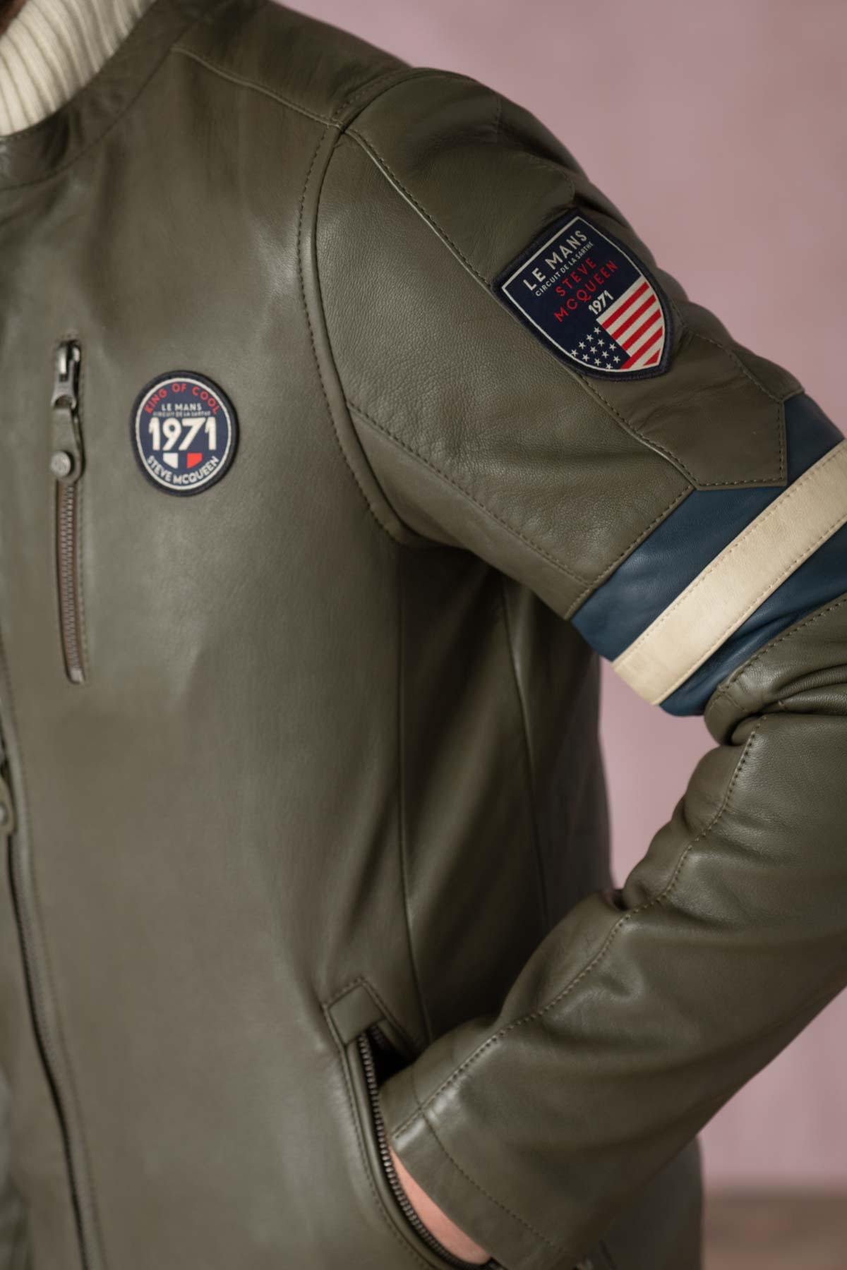 Khaki racing style leather jacket for Men - Image n°5