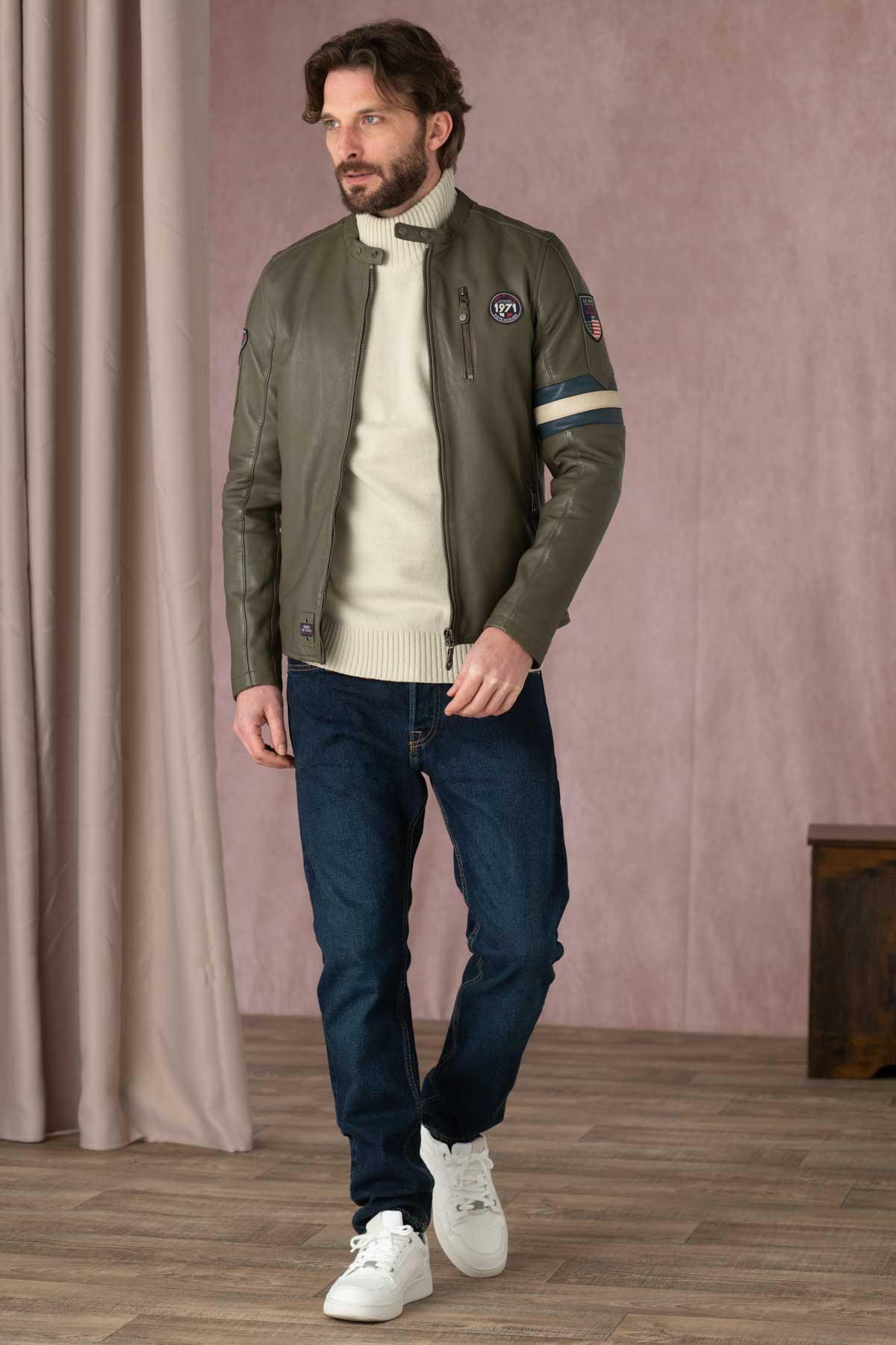 Khaki racing style leather jacket for Men - Image n°4