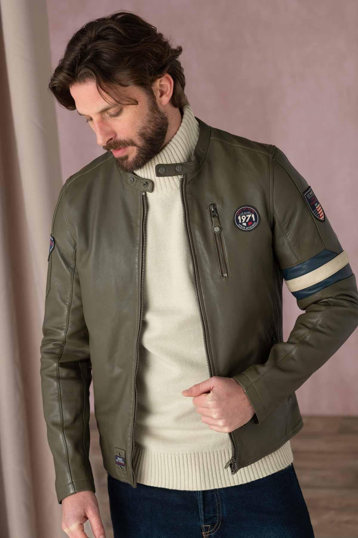 Khaki racing style leather jacket for Men - Image n°3