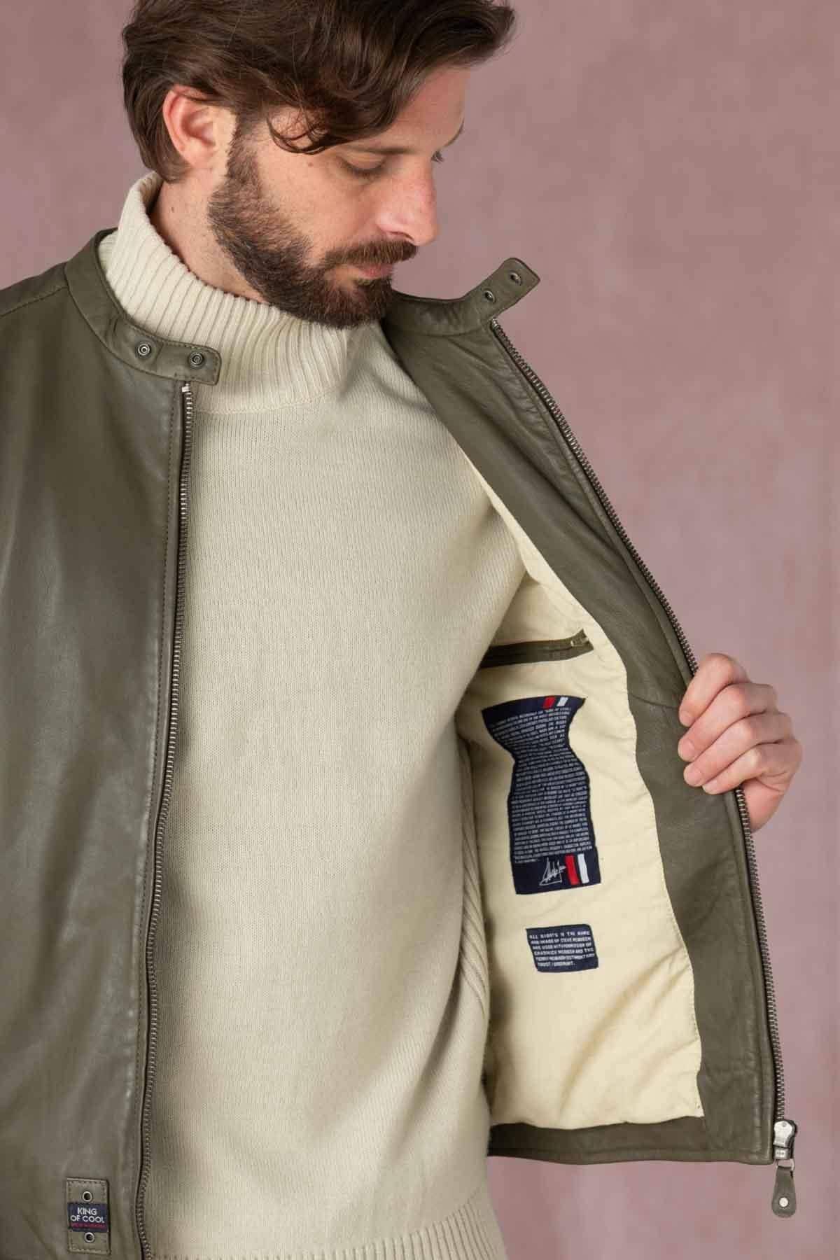 Khaki racing style leather jacket for Men - Image n°11