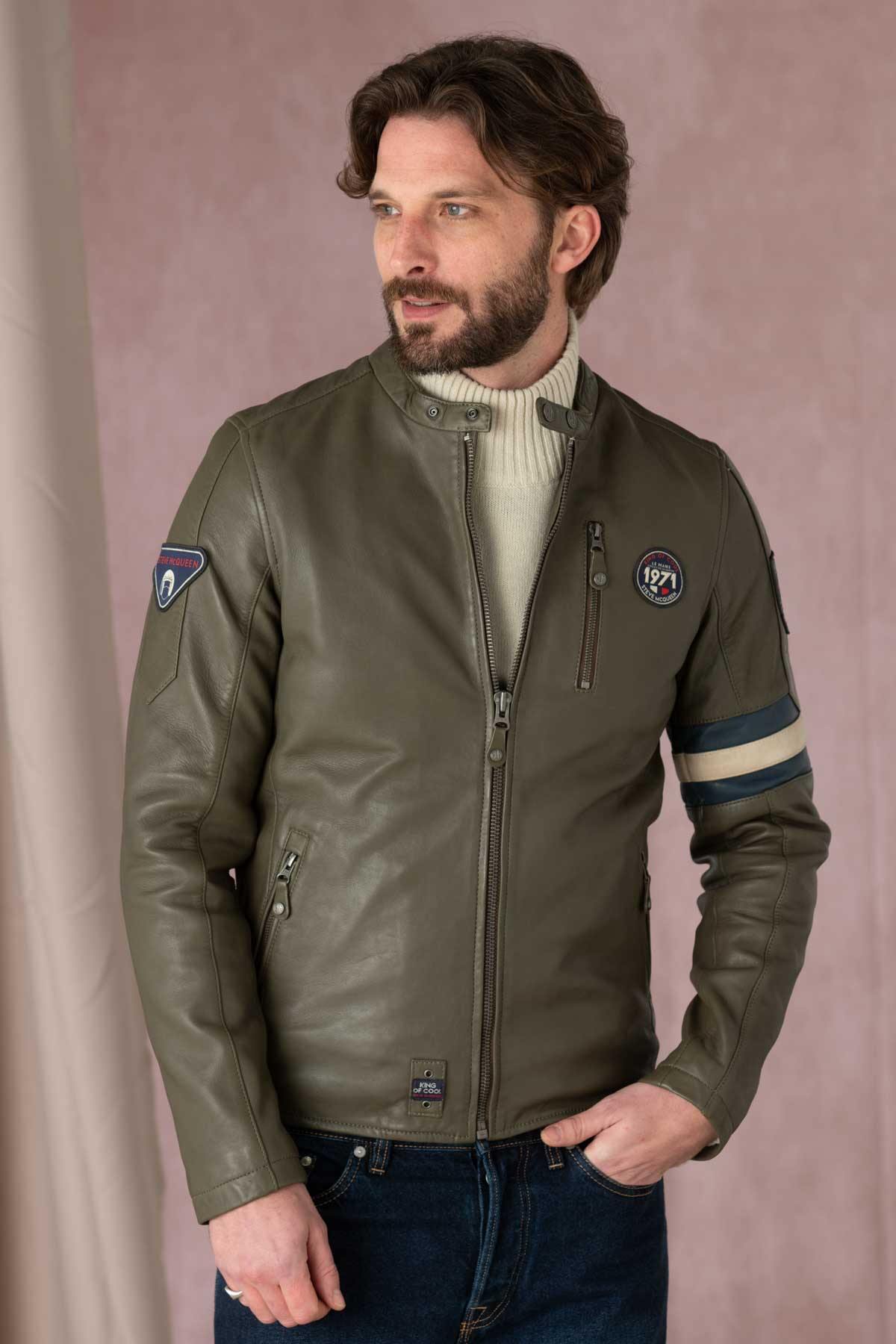 Khaki racing style leather jacket for Men - Image n°6