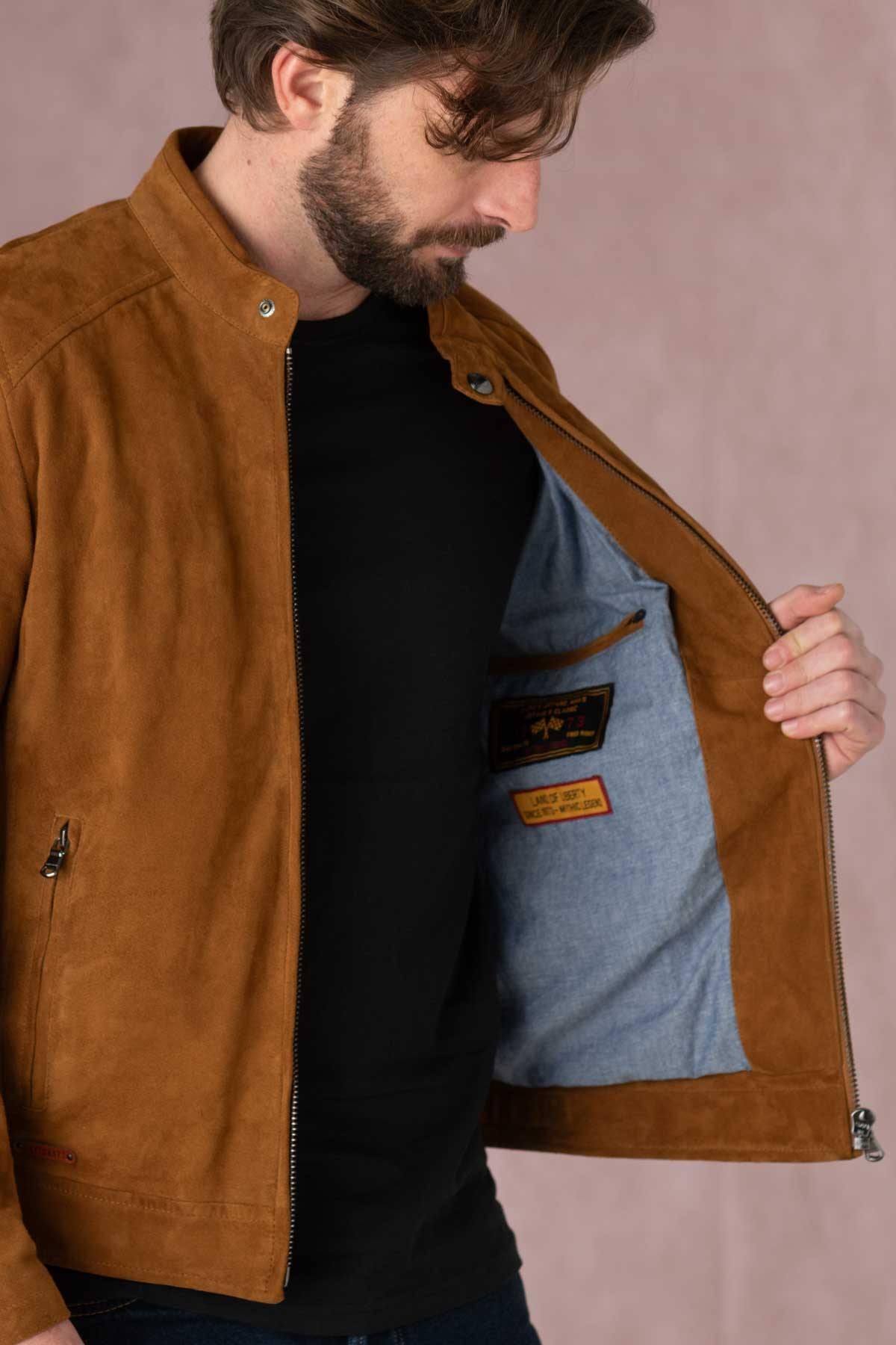 Cognac-colored suede leather jacket with biker collar - Image n°5