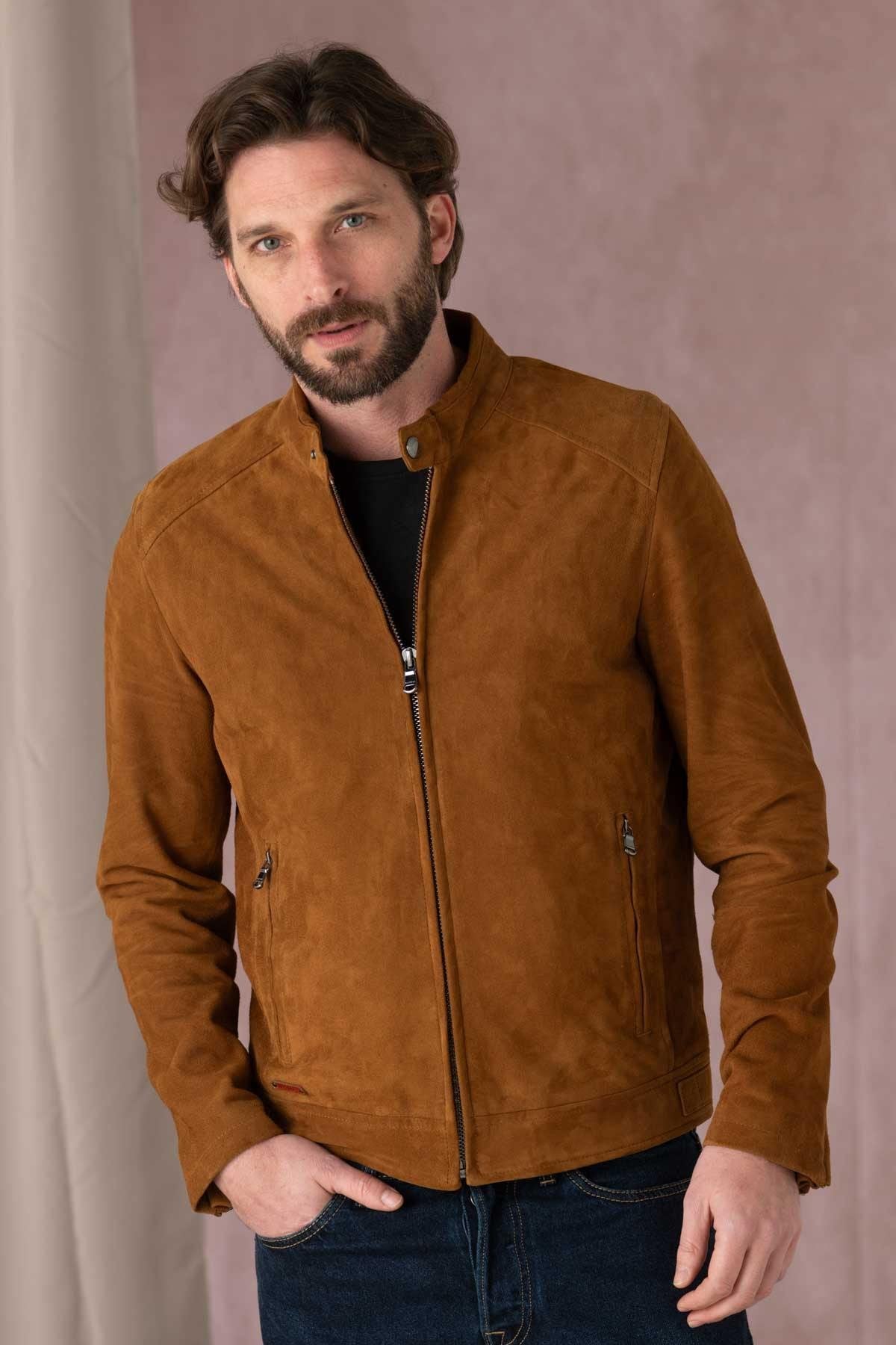 Cognac-colored suede leather jacket with biker collar - Image n°6