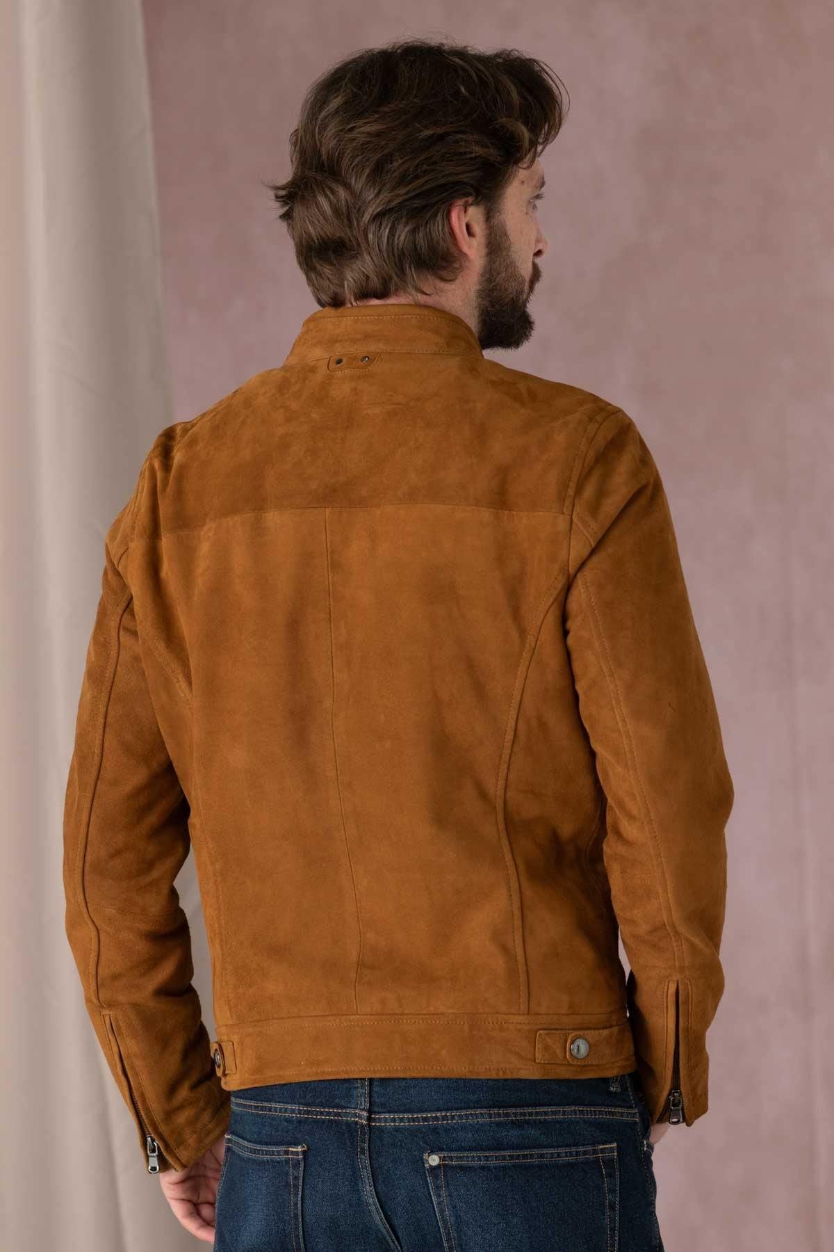 Cognac-colored suede leather jacket with biker collar - Image n°3