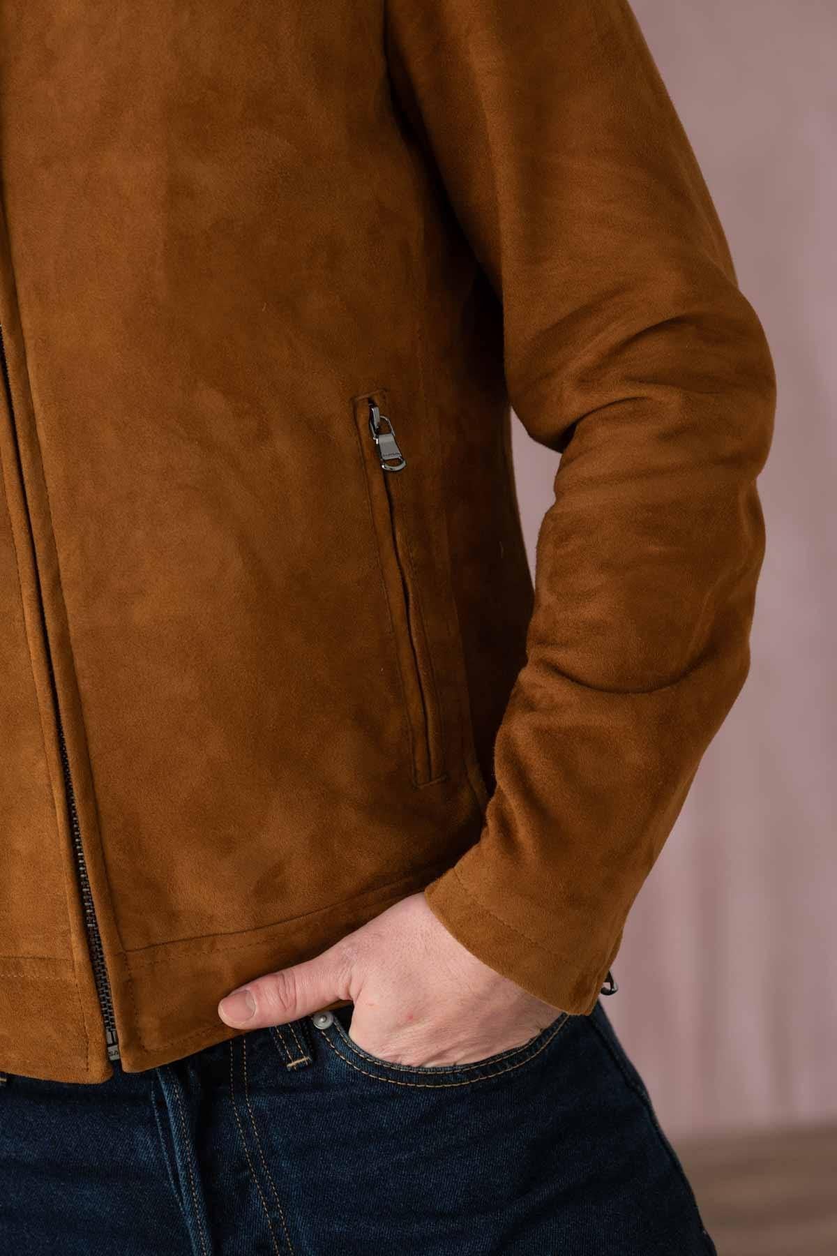 Cognac-colored suede leather jacket with biker collar - Image n°4