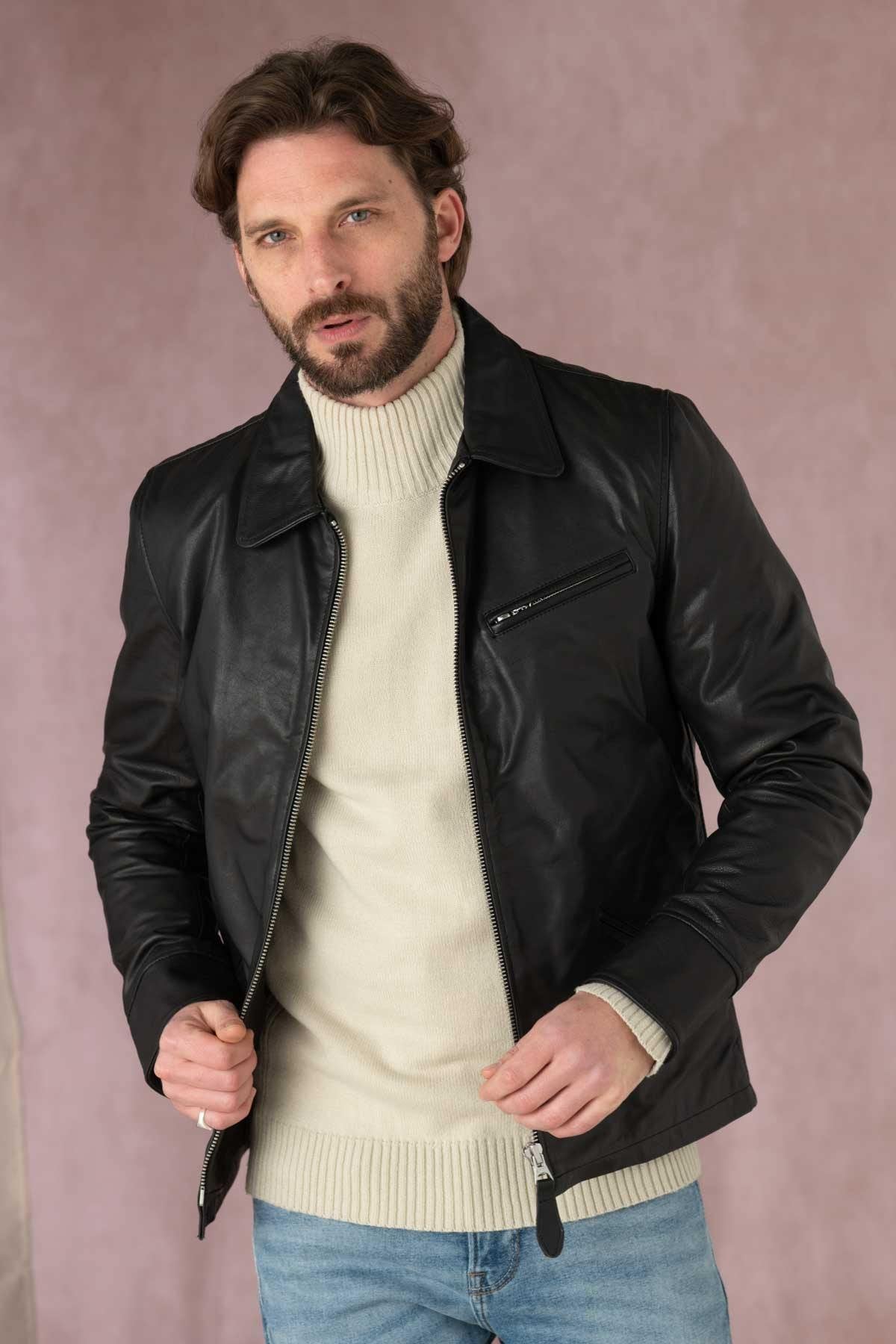 Black genuine leather jacket - Image n°1