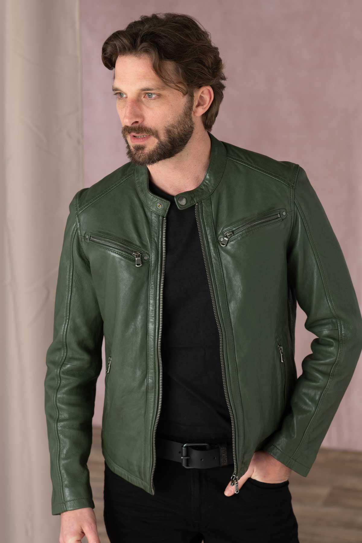 Green leather biker collar jacket - Image n°1