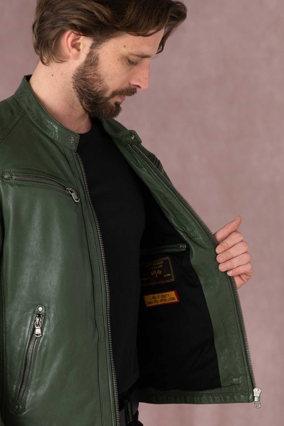 Green leather biker collar jacket - Image n°6