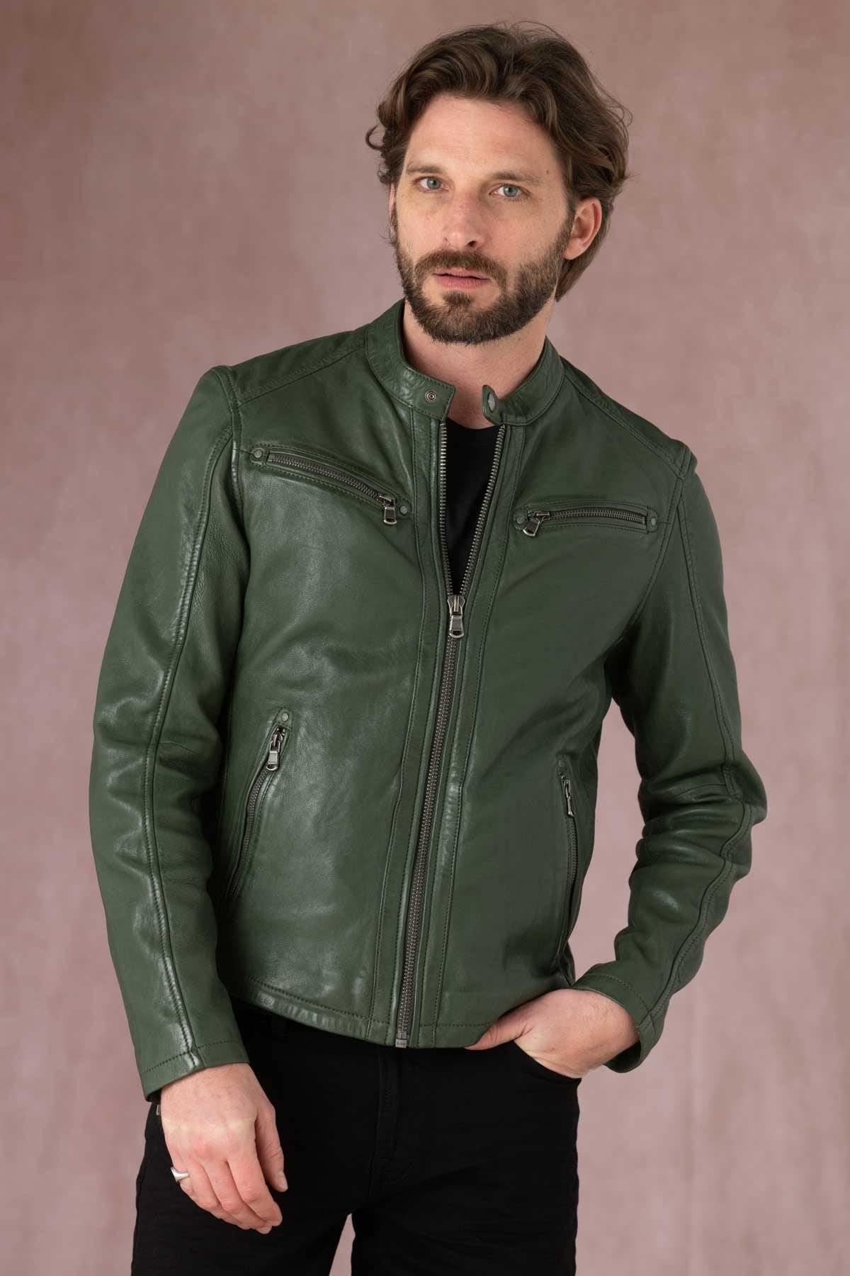 Green leather biker collar jacket - Image n°4