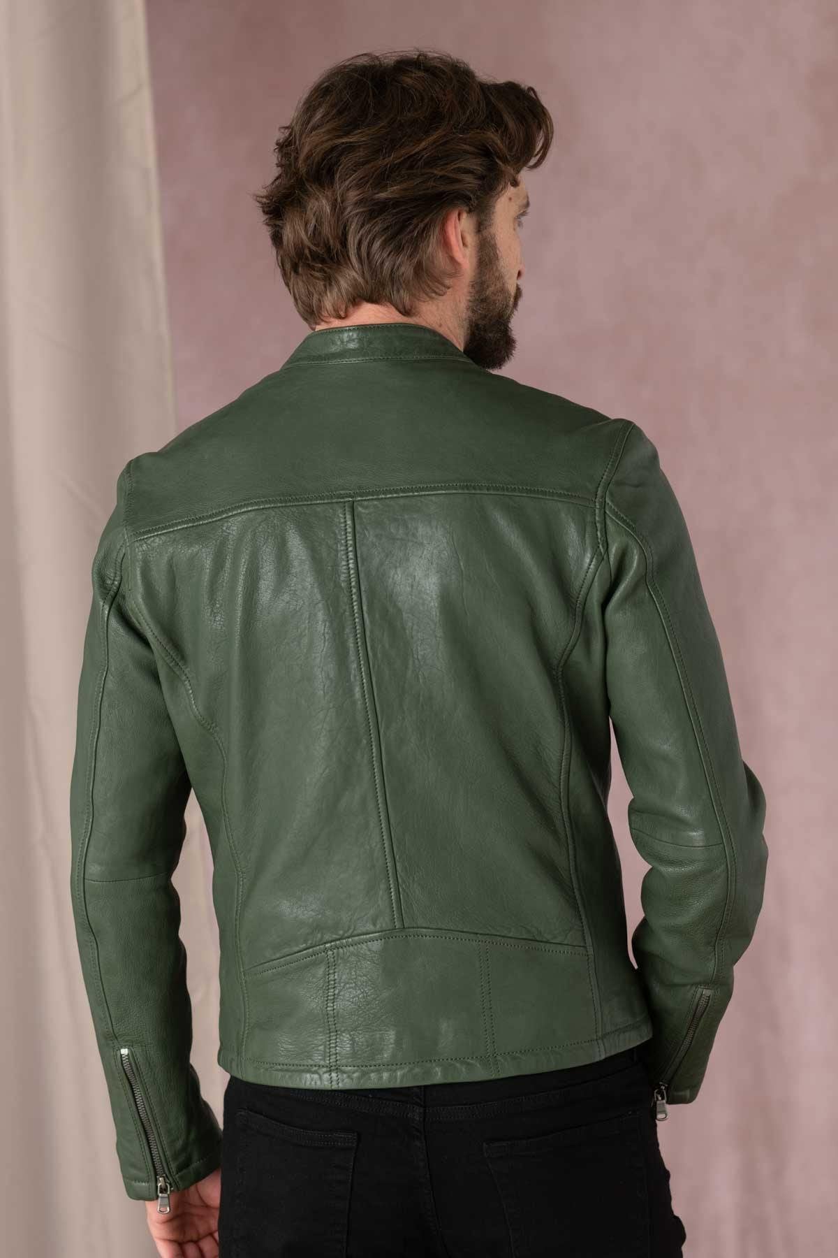 Green leather biker collar jacket - Image n°5