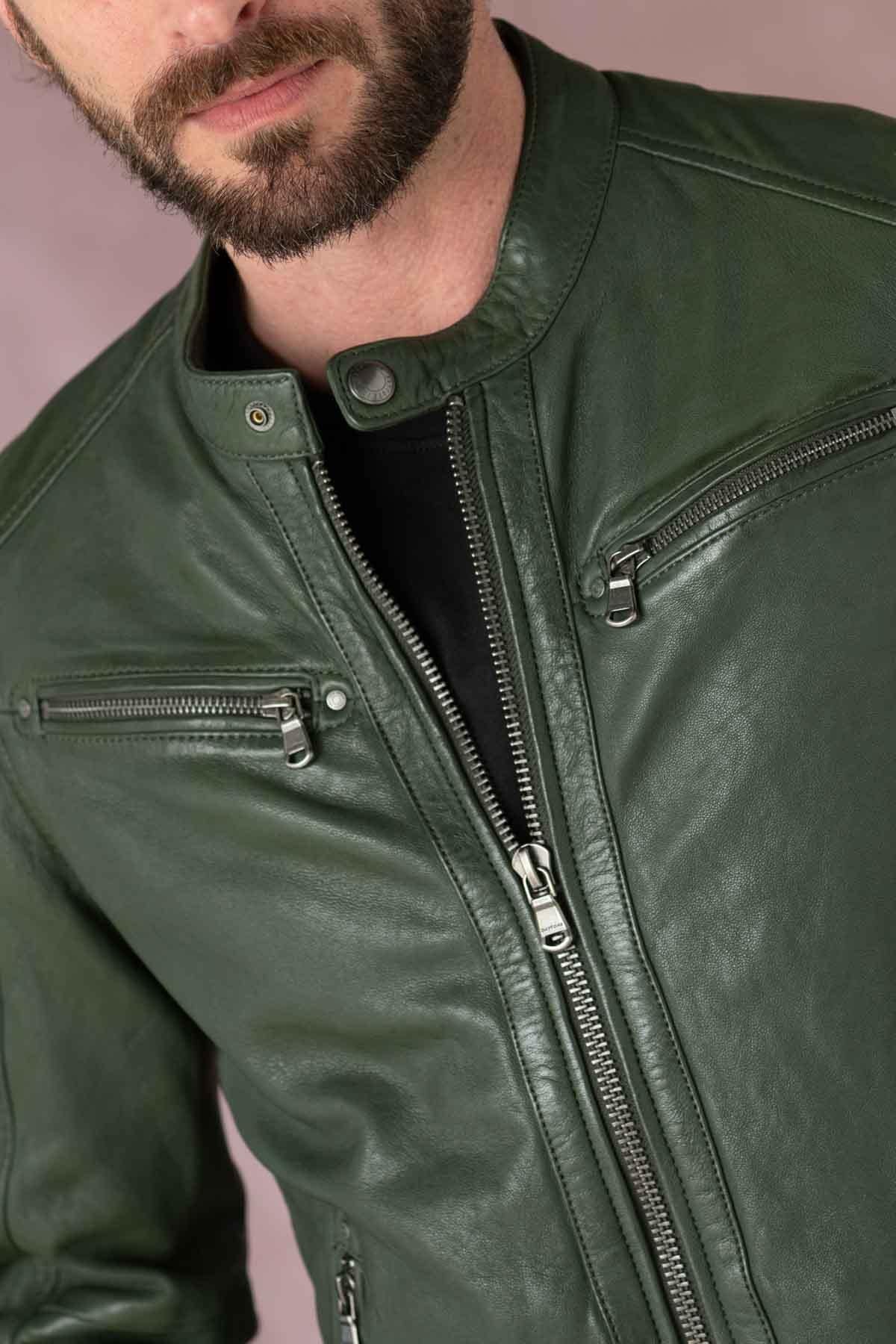 Green leather biker collar jacket - Image n°3