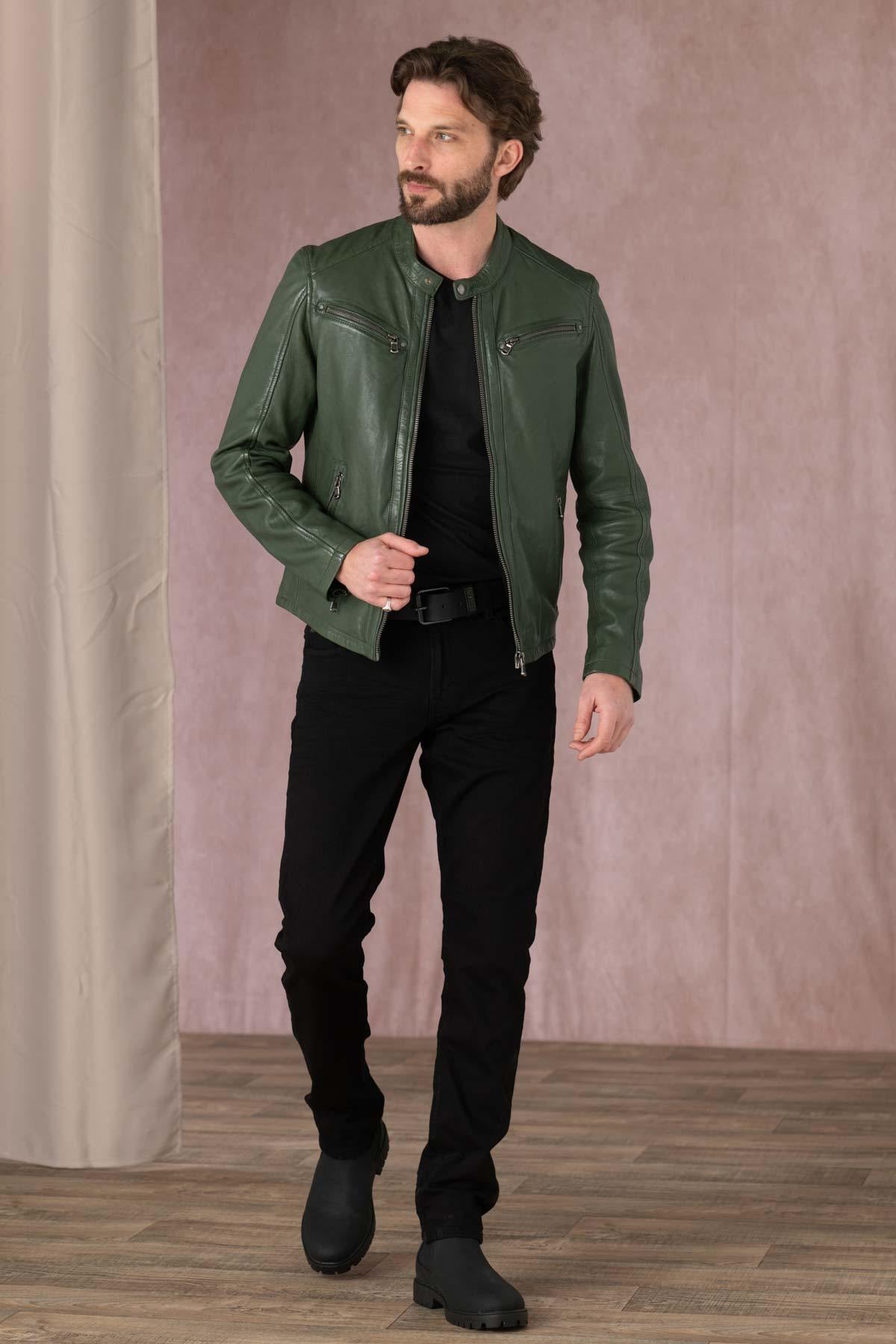 Green leather biker collar jacket - Image n°2