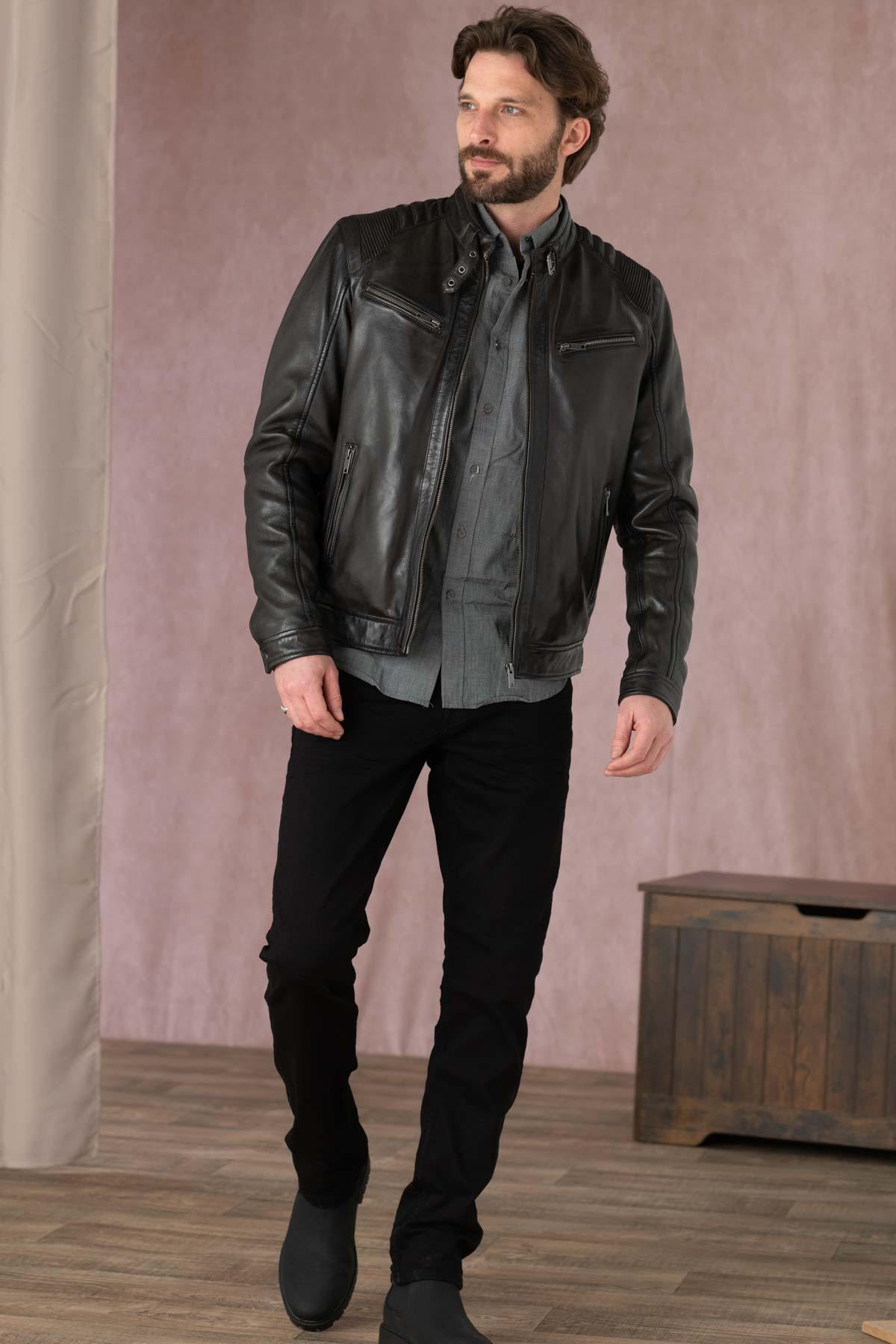 Brown leather jacket with biker collar - Image n°3