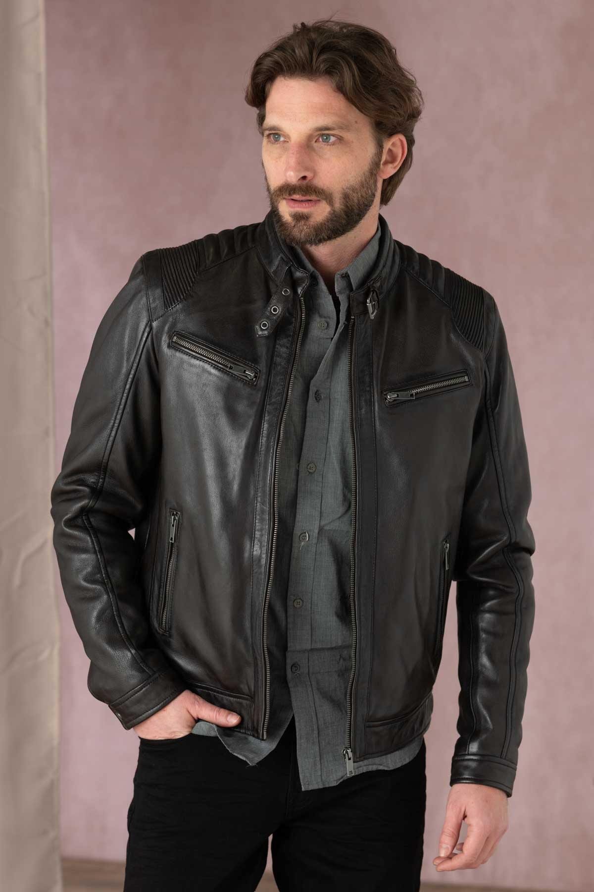 Brown leather jacket with biker collar - Image n°1