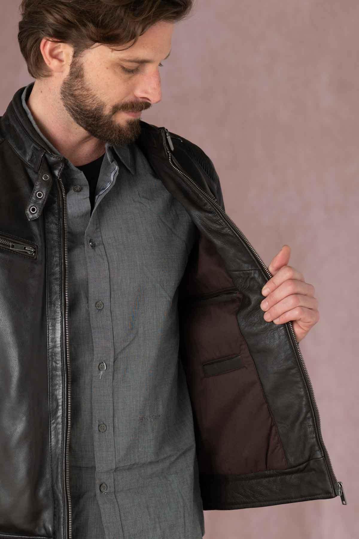 Brown leather jacket with biker collar - Image n°5