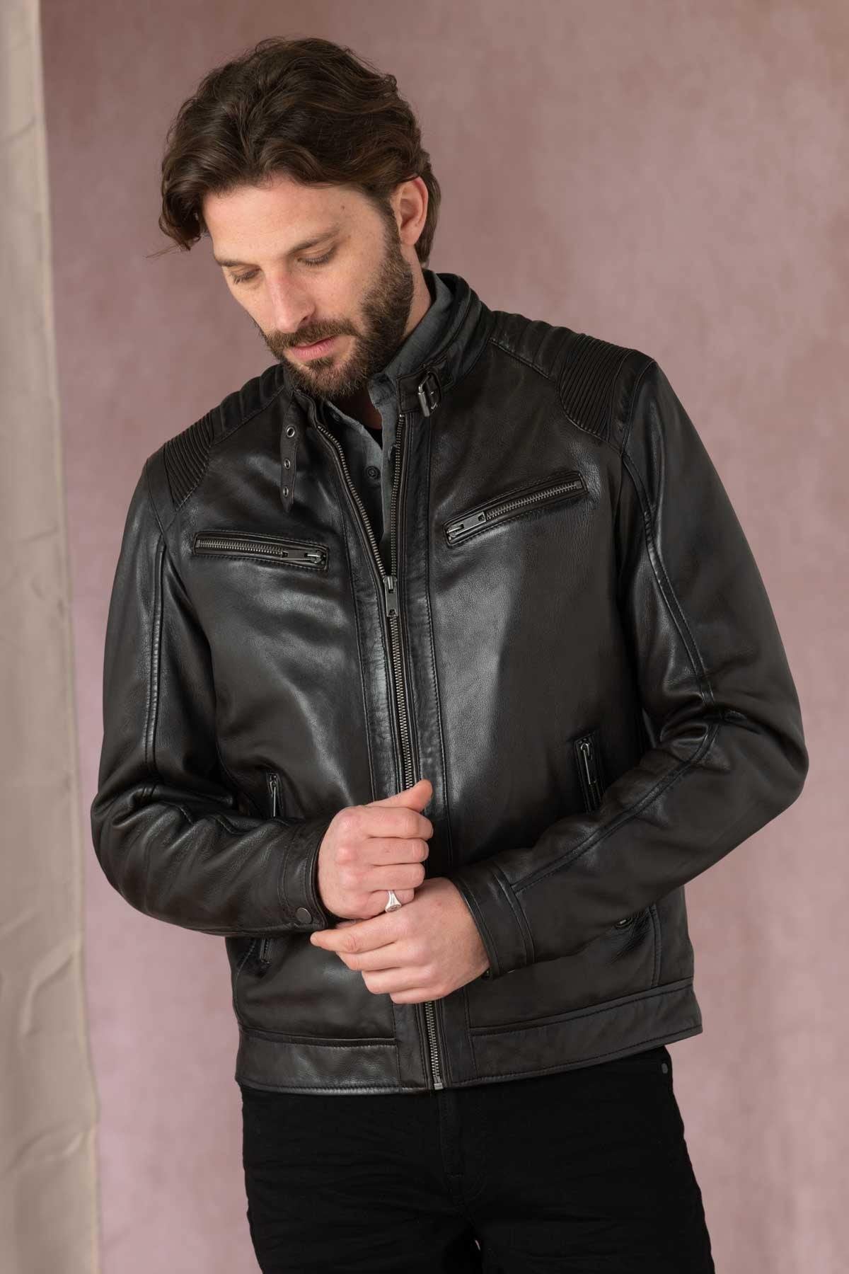 Brown leather jacket with biker collar - Image n°2