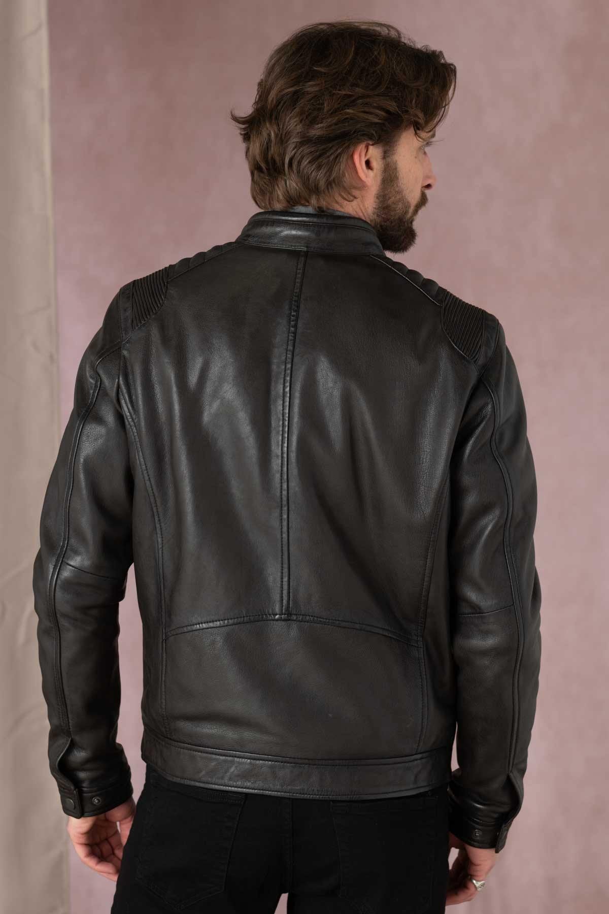 Brown leather jacket with biker collar - Image n°4