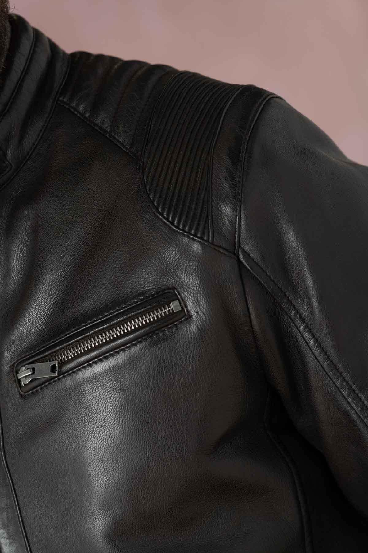 Brown leather jacket with biker collar - Image n°6