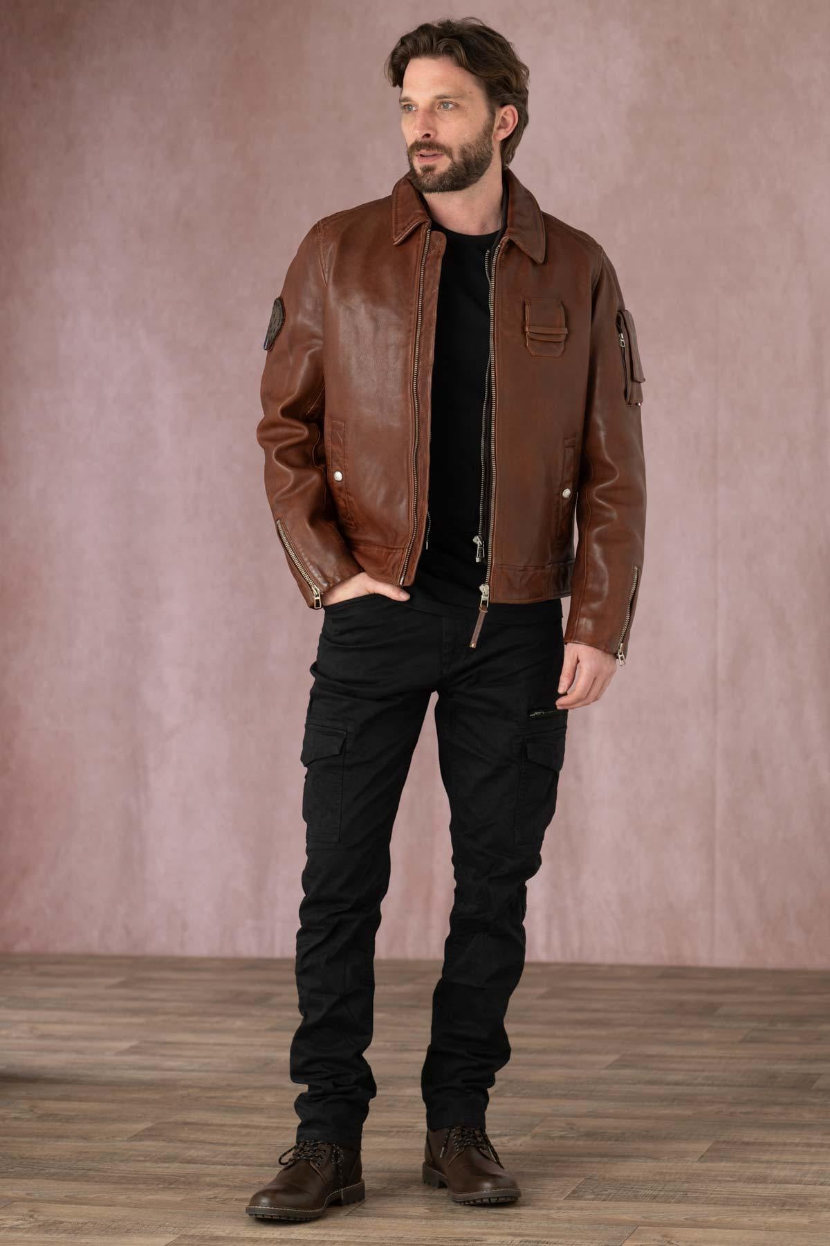 Patrouille de France cognac leather bomber jacket - Image n°2