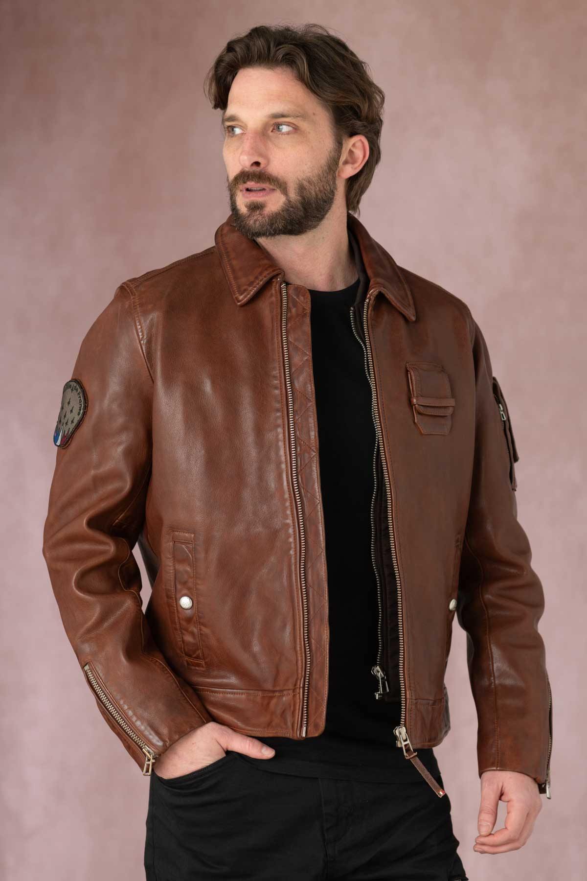 Patrouille de France cognac leather bomber jacket - Image n°1