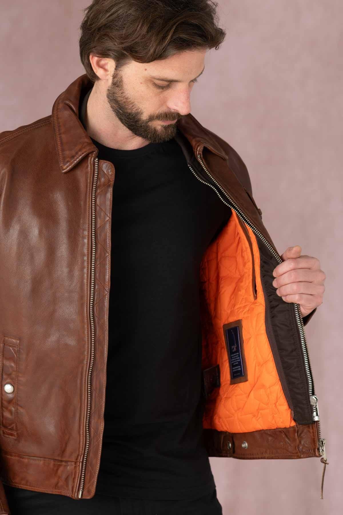 Patrouille de France cognac leather bomber jacket - Image n°4