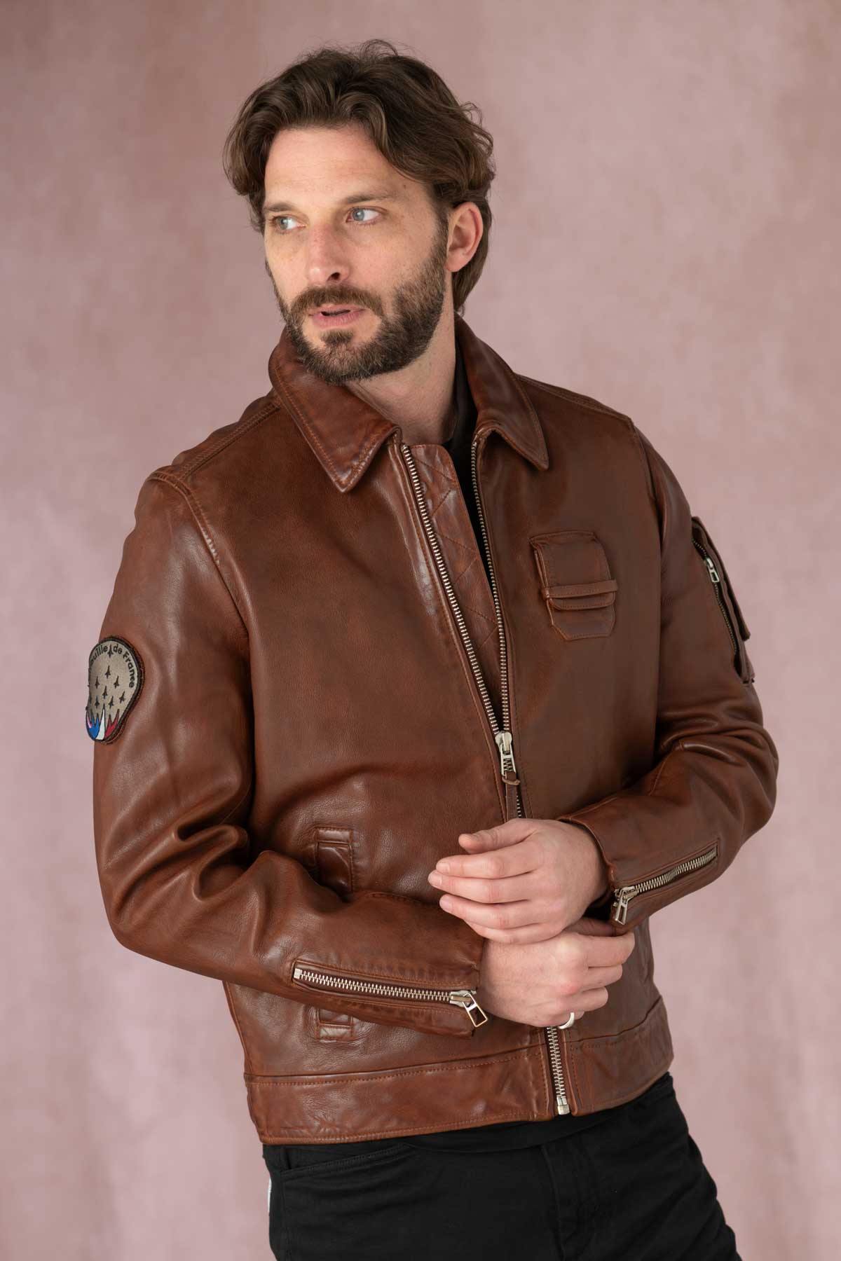 Patrouille de France cognac leather bomber jacket - Image n°6