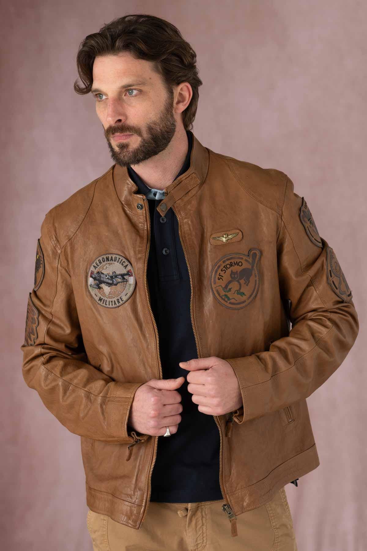 Leather bomber jacket with patches - Image n°4