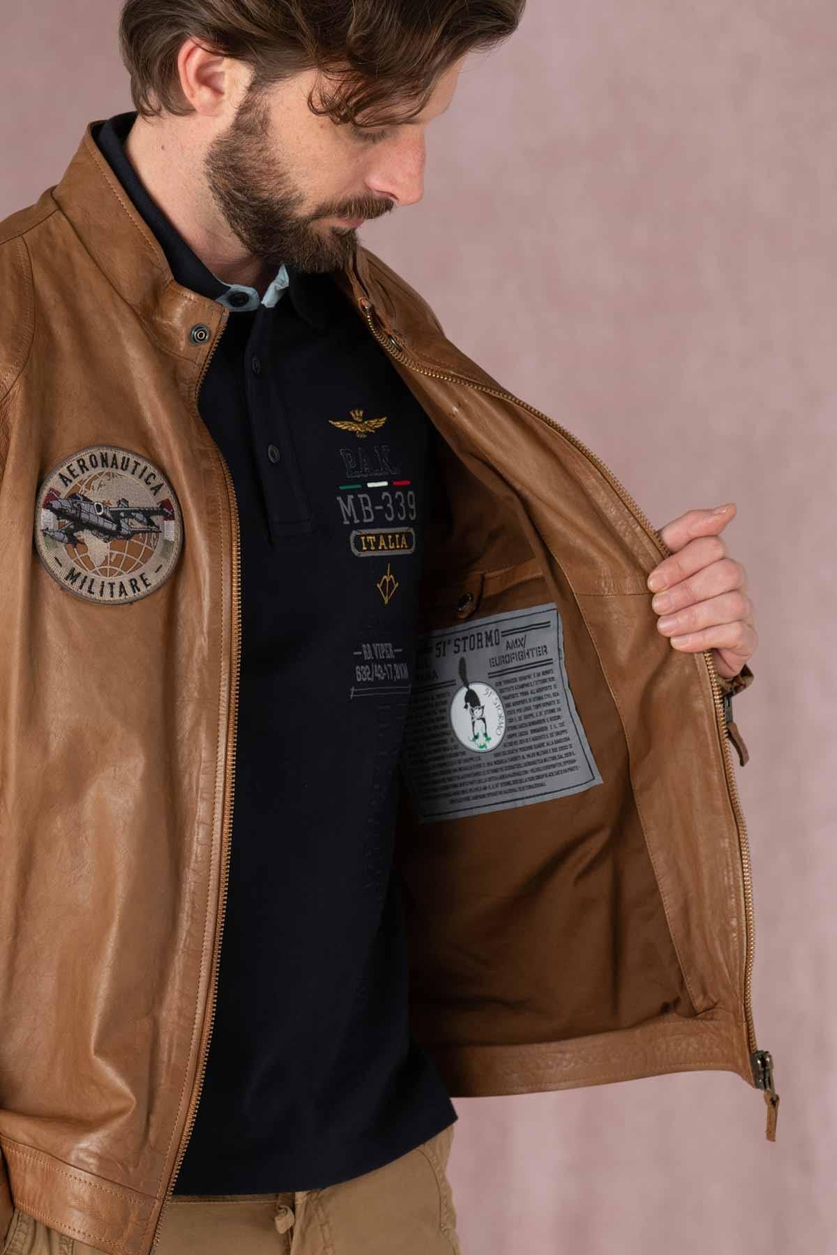 Leather bomber jacket with patches - Image n°8