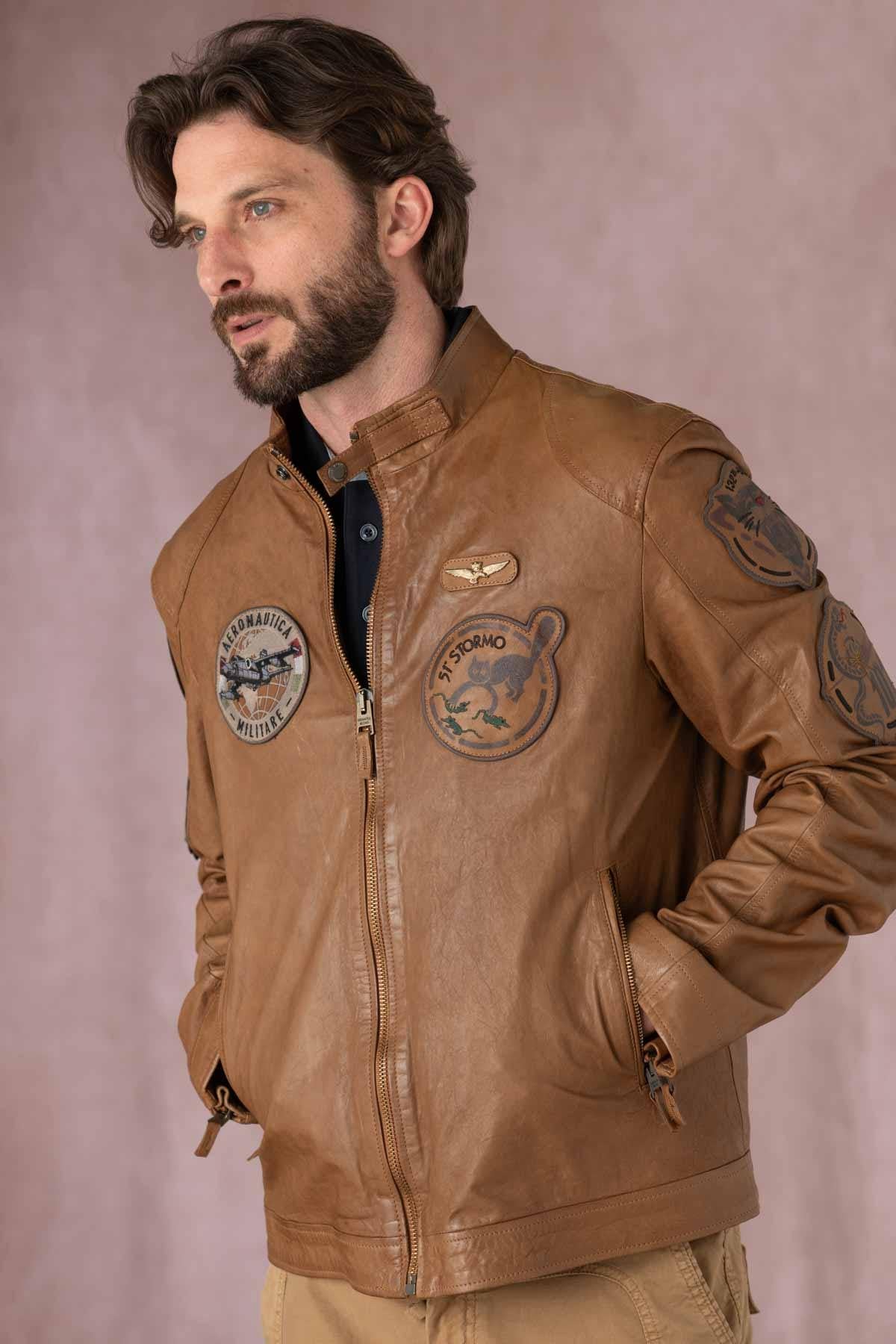 Leather bomber jacket with patches - Image n°7