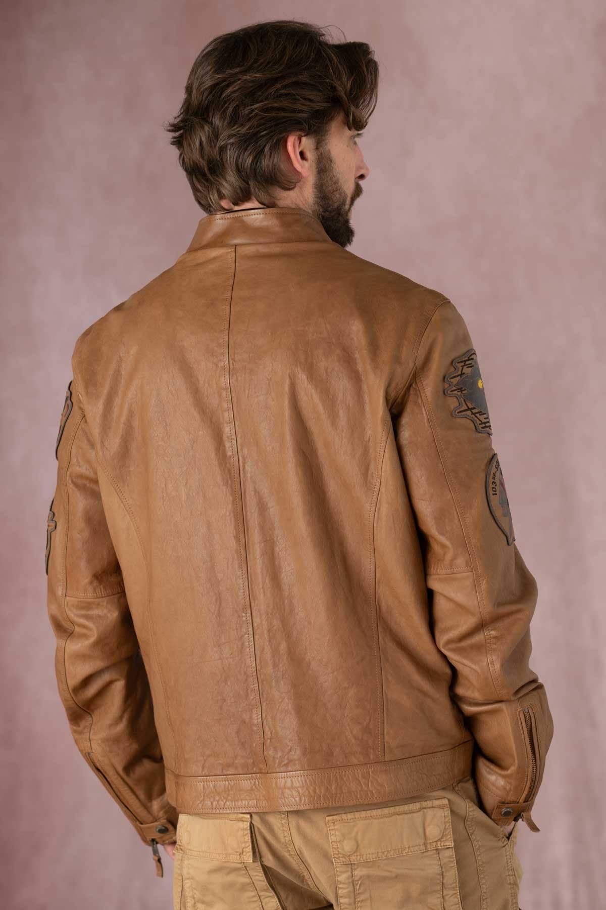 Leather bomber jacket with patches - Image n°5