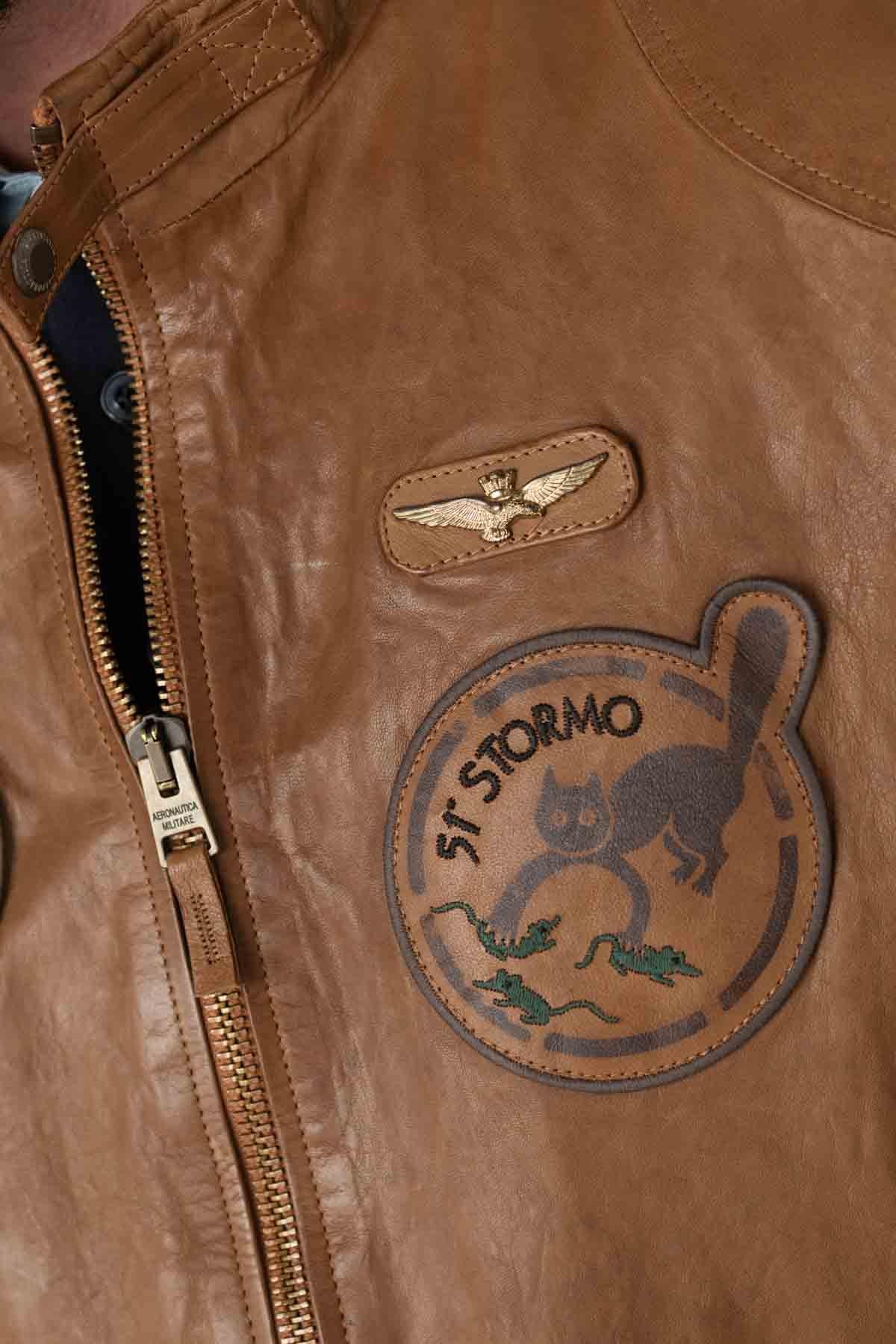 Leather bomber jacket with patches - Image n°3