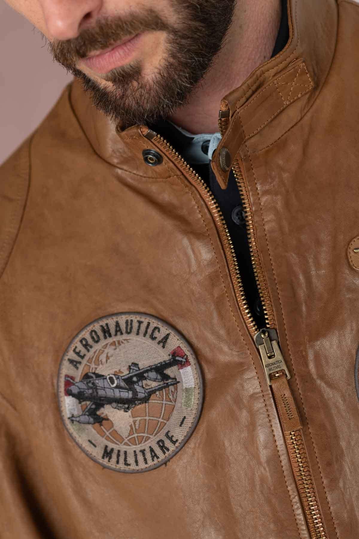 Leather bomber jacket with patches - Image n°9