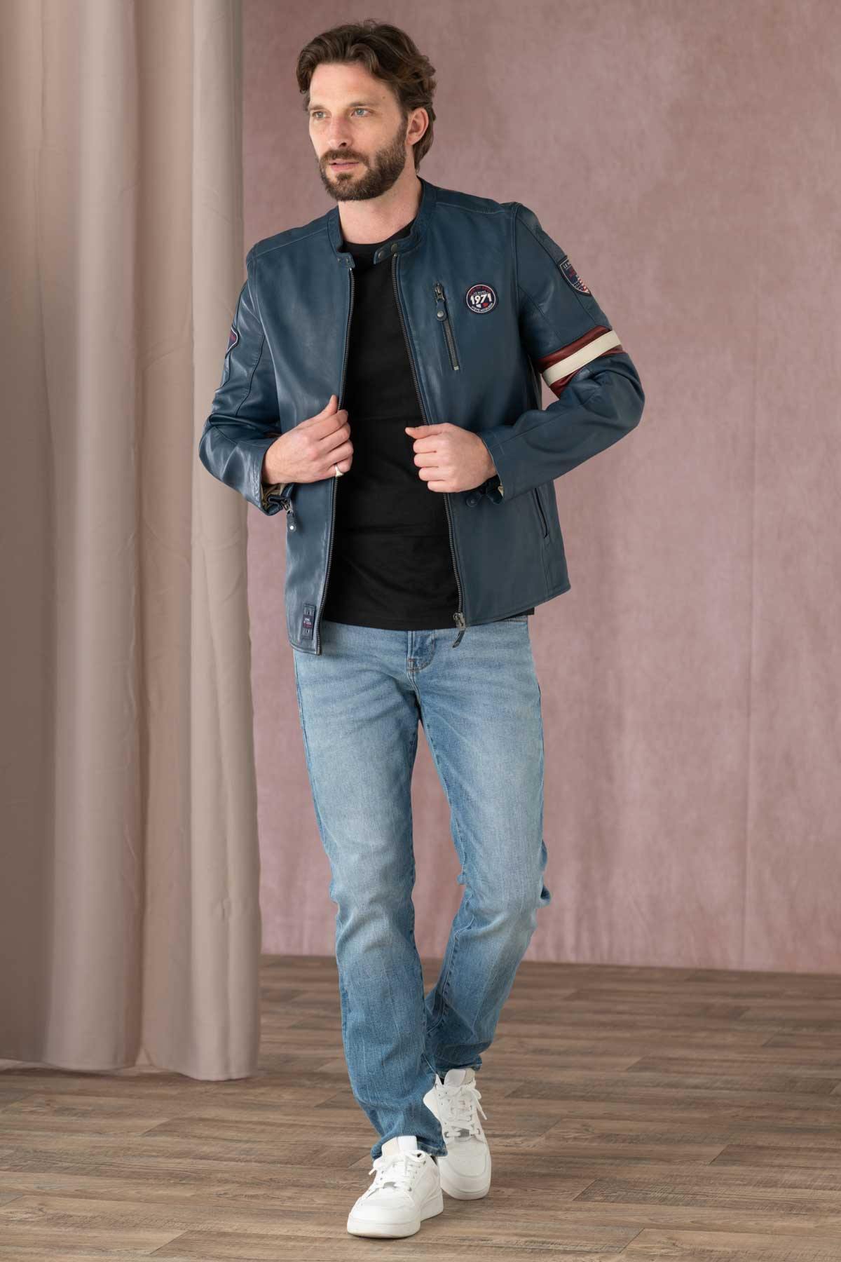 Men's racing look jacket in blue leather - Image n°3