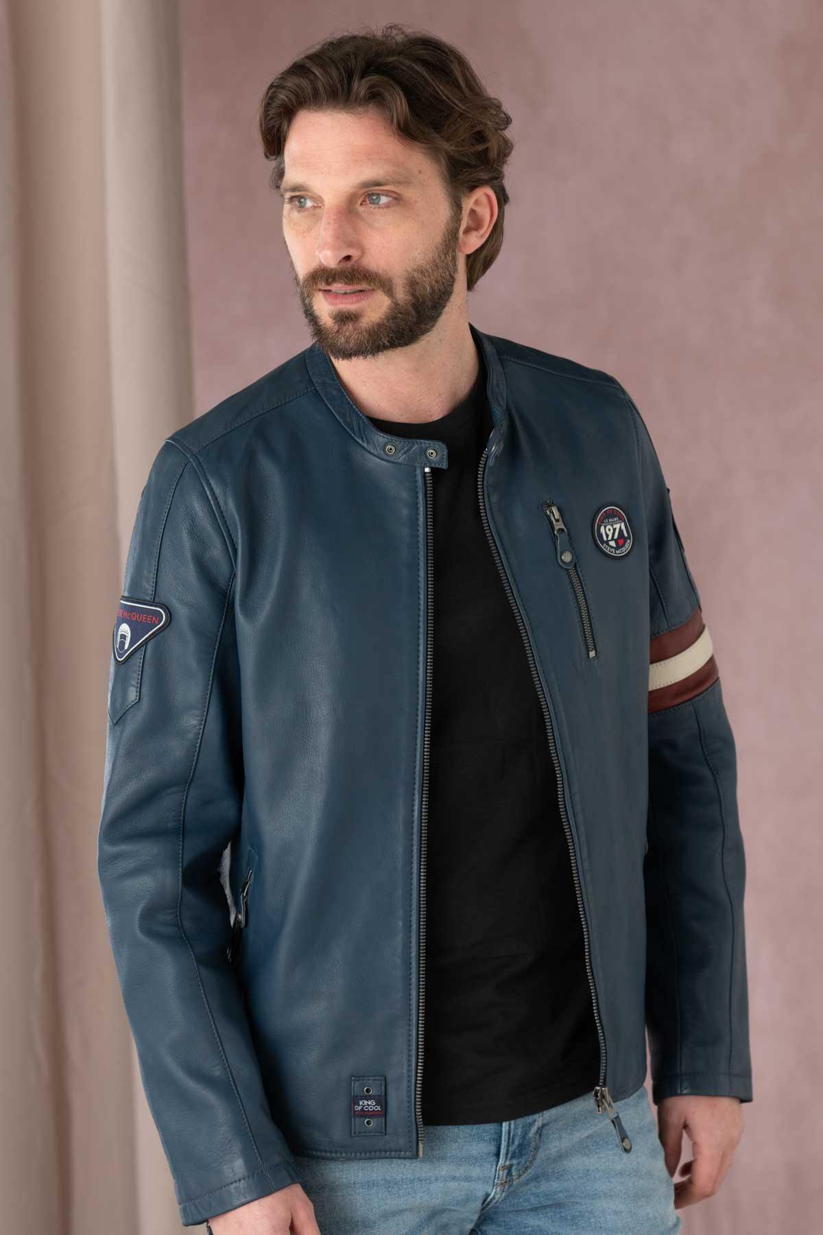 Men's racing look jacket in blue leather - Image n°4