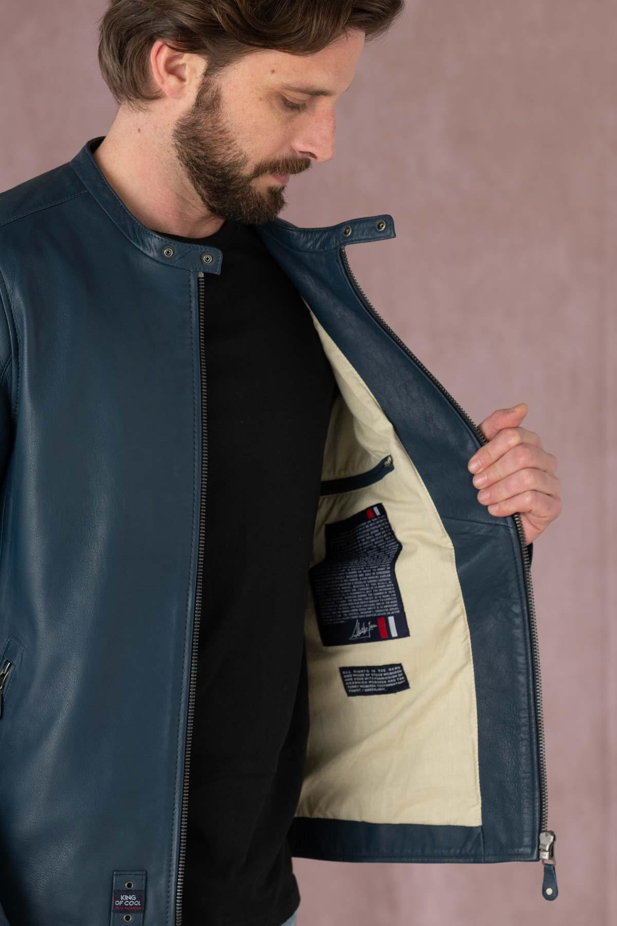 Men's racing look jacket in blue leather - Image n°7