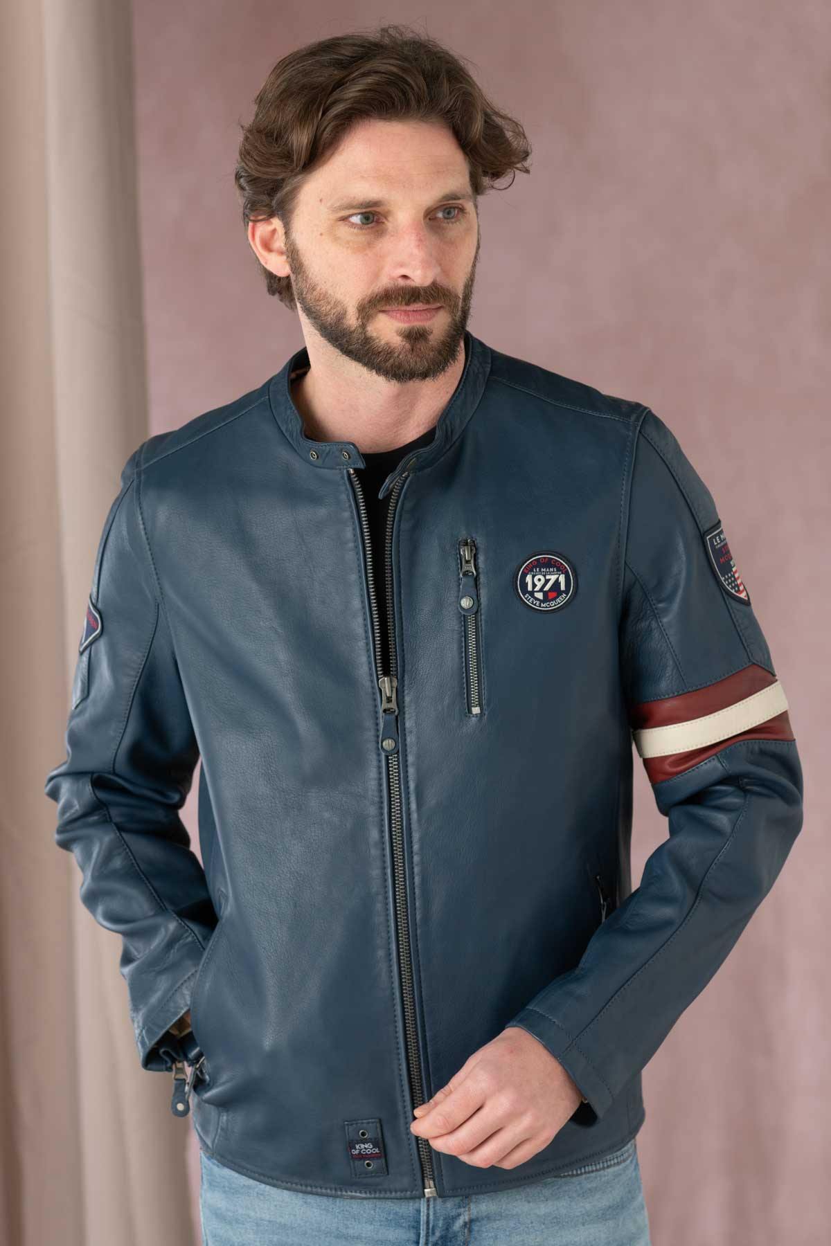 Men's racing look jacket in blue leather - Image n°1