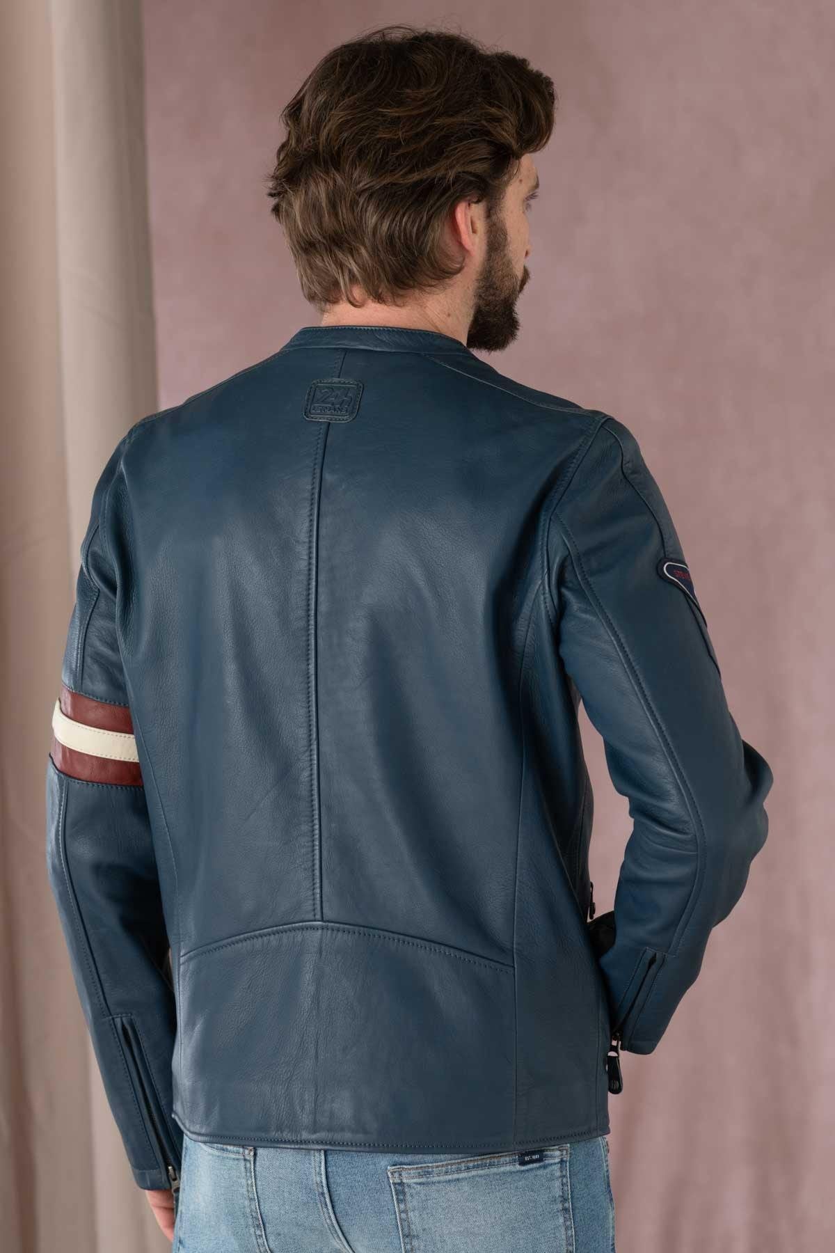 Men's racing look jacket in blue leather - Image n°5