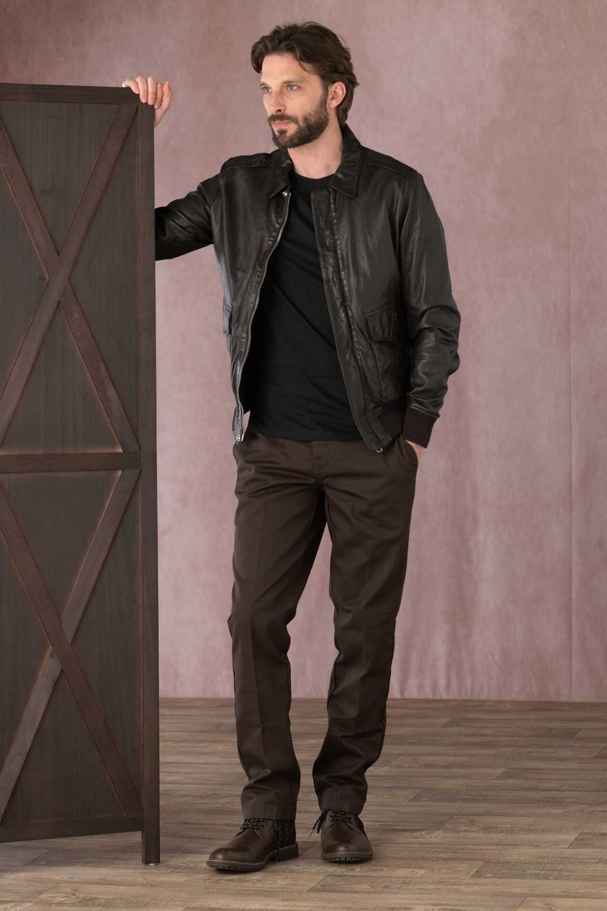 Brown leather bomber jacket with shirt collar - Image n°2