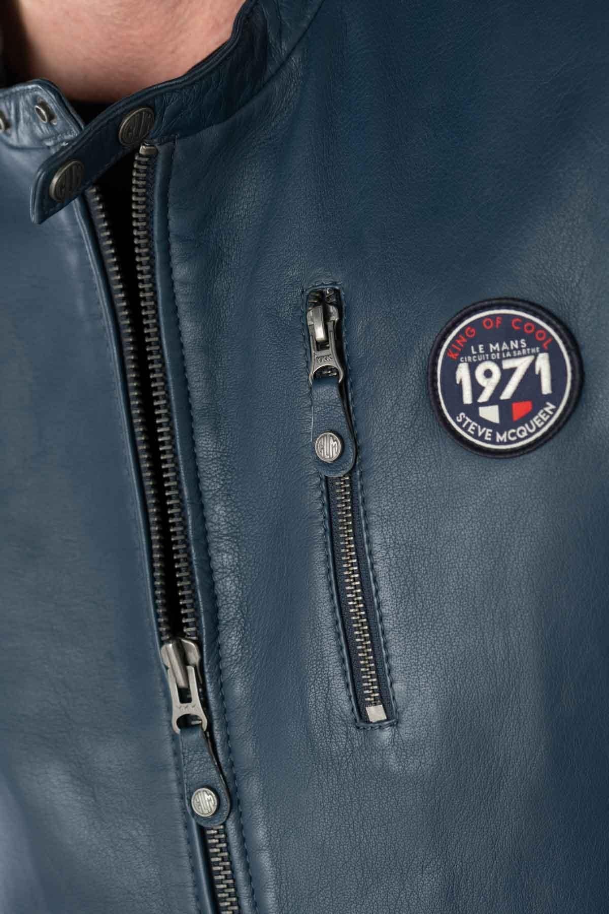 Men's racing look jacket in blue leather - Image n°2