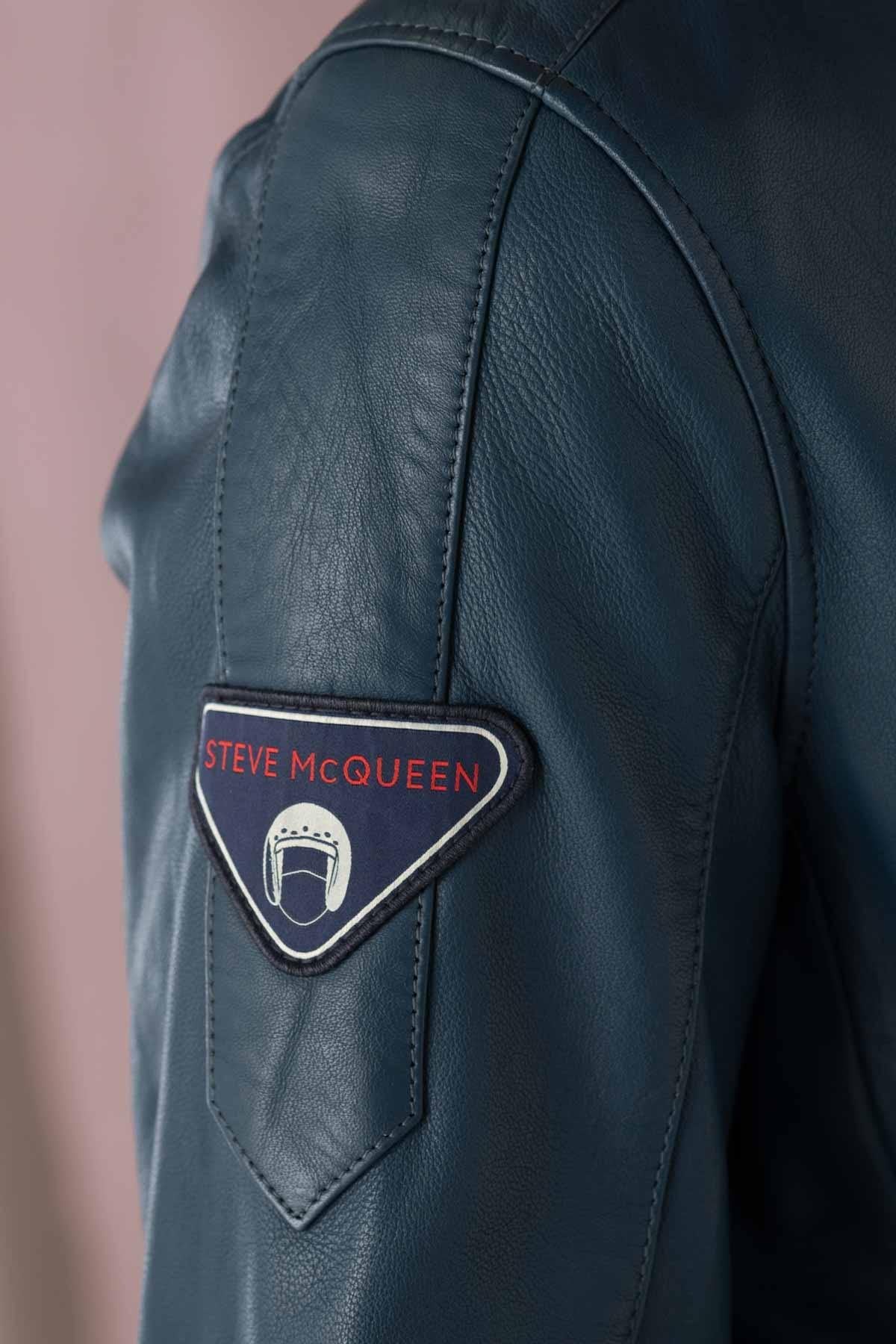 Men's racing look jacket in blue leather - Image n°9