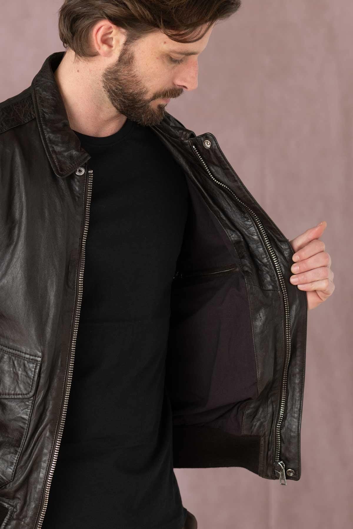 Brown leather bomber jacket with shirt collar - Image n°5