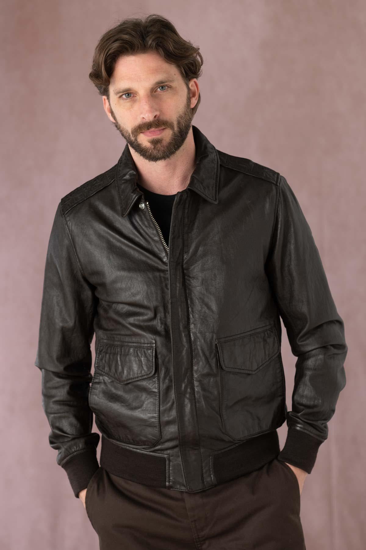 Brown leather bomber jacket with shirt collar - Image n°3