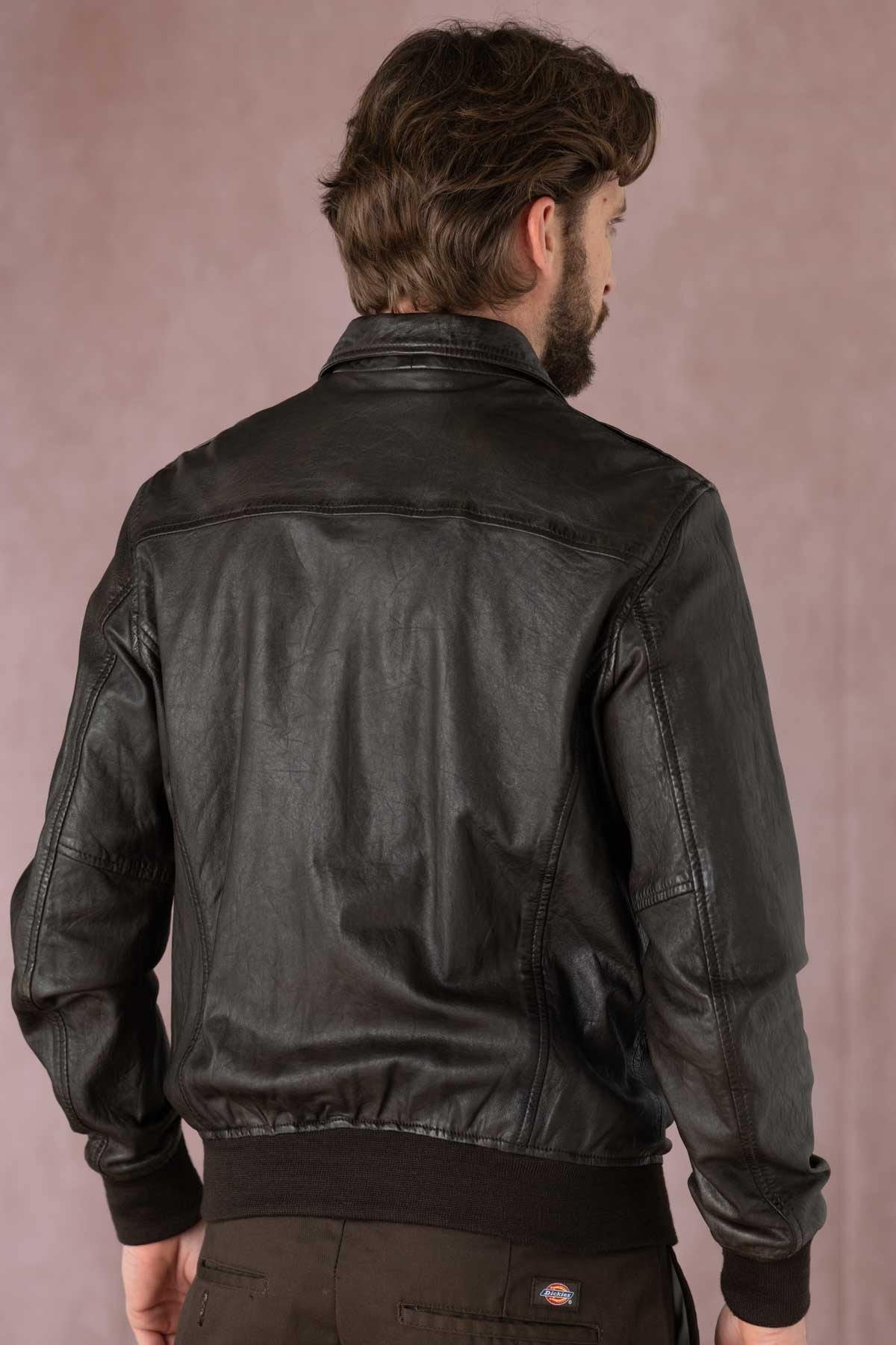 Brown leather bomber jacket with shirt collar - Image n°4