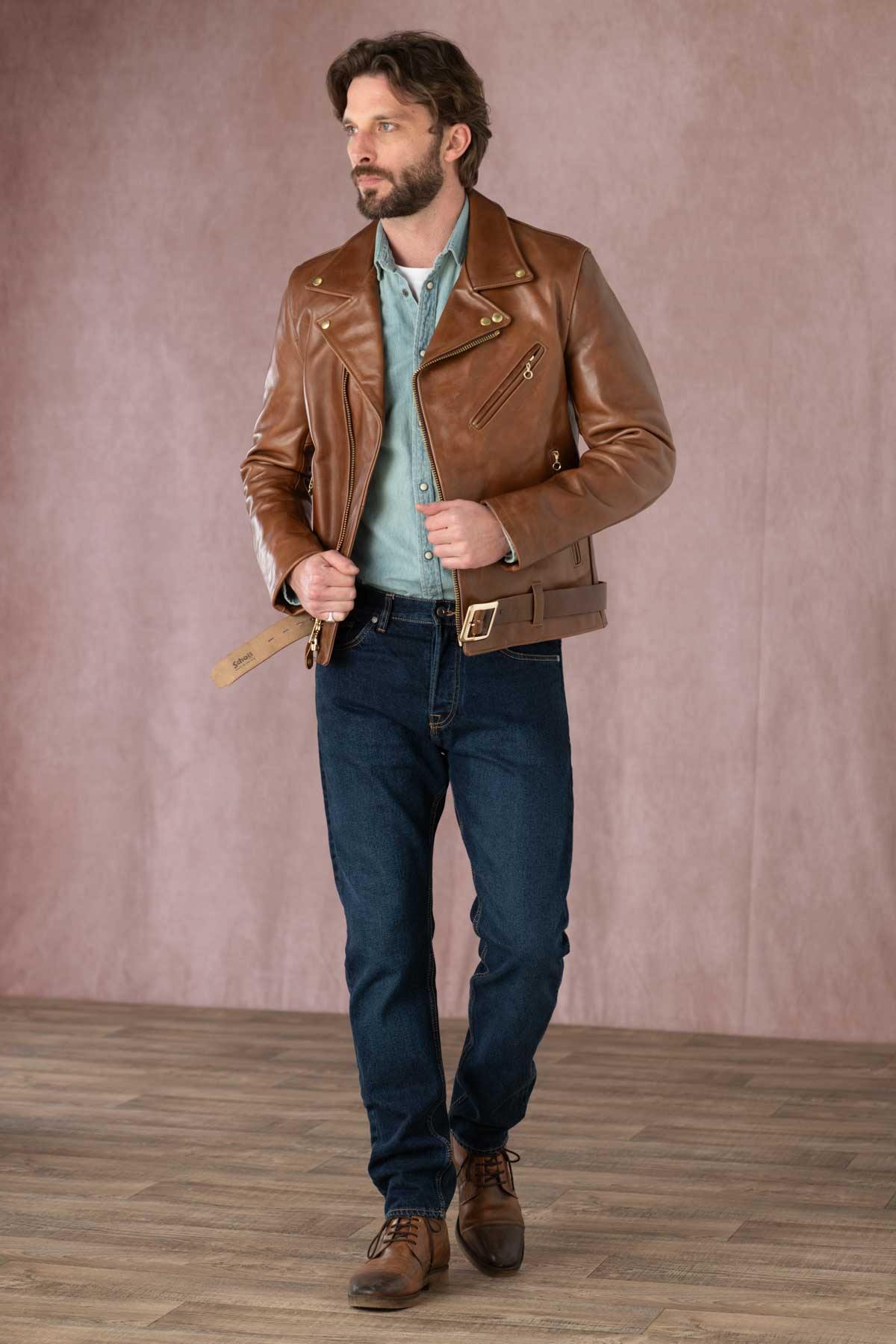 Brown American leather perfecto with belt - Image n°3